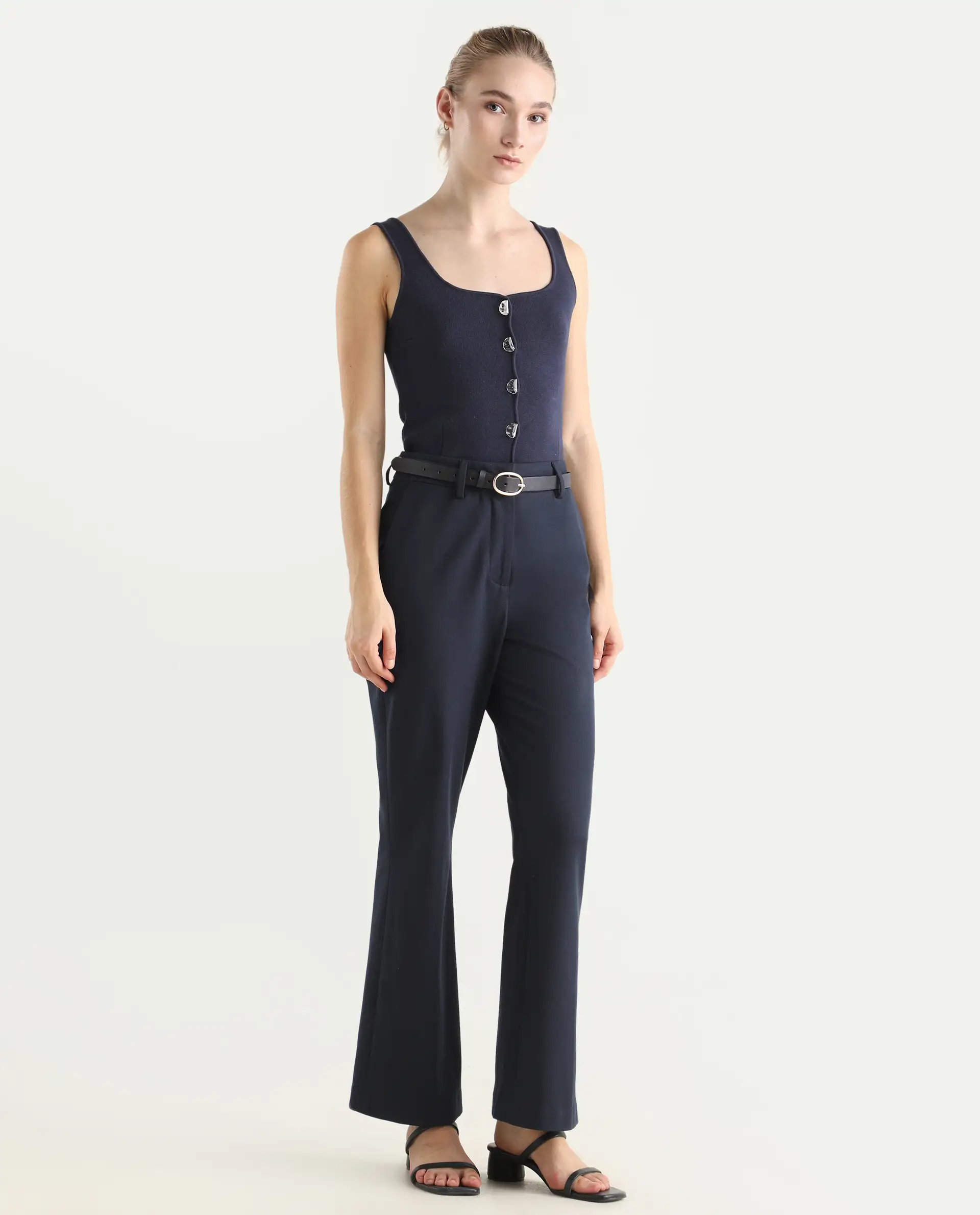 Rareism Women's Flare Navy Polyester Blend Bootcut Ankle Length Plain Travel Trouser - Image 5