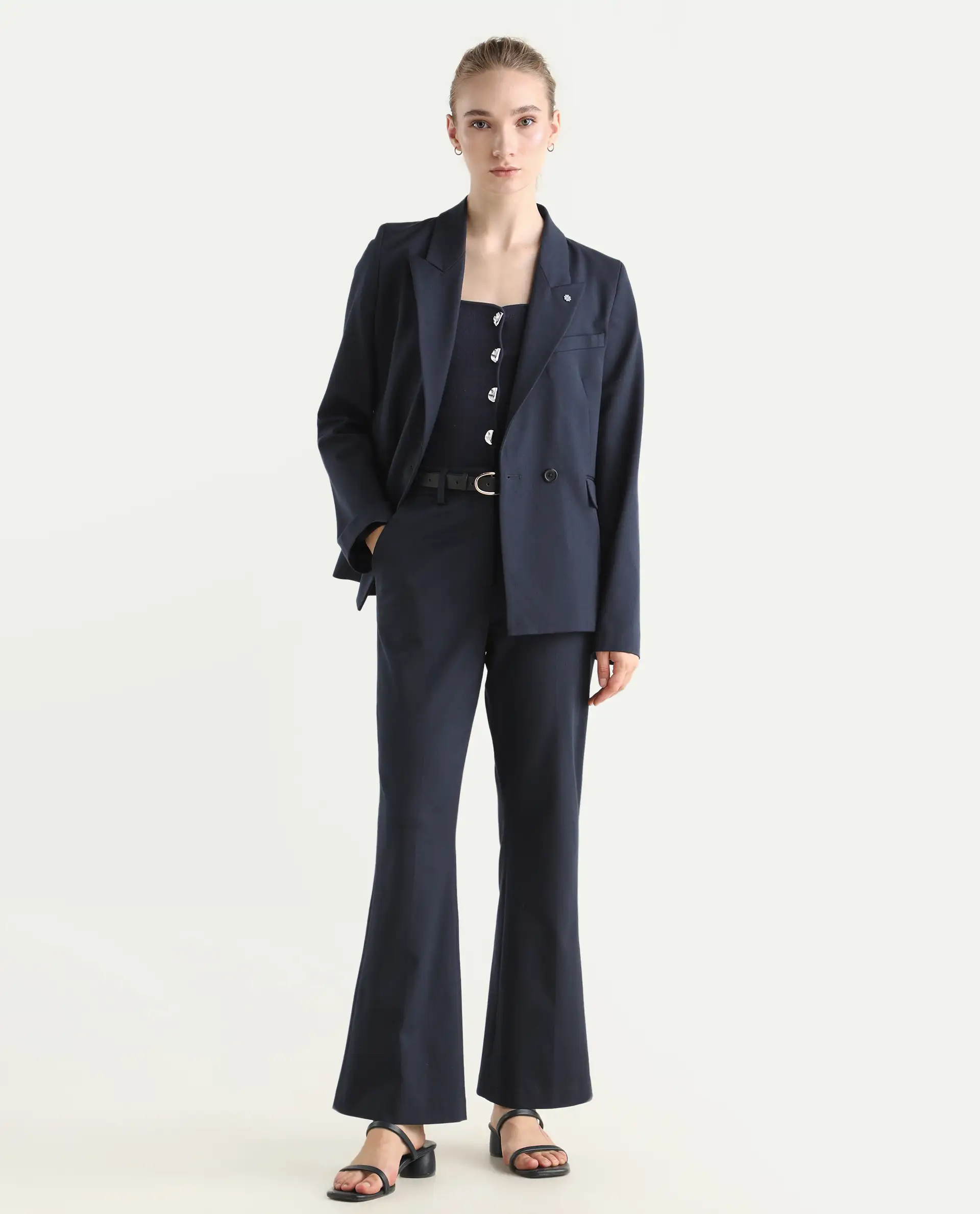 Rareism Women's Flare Navy Polyester Blend Bootcut Ankle Length Plain Travel Trouser - Image 6