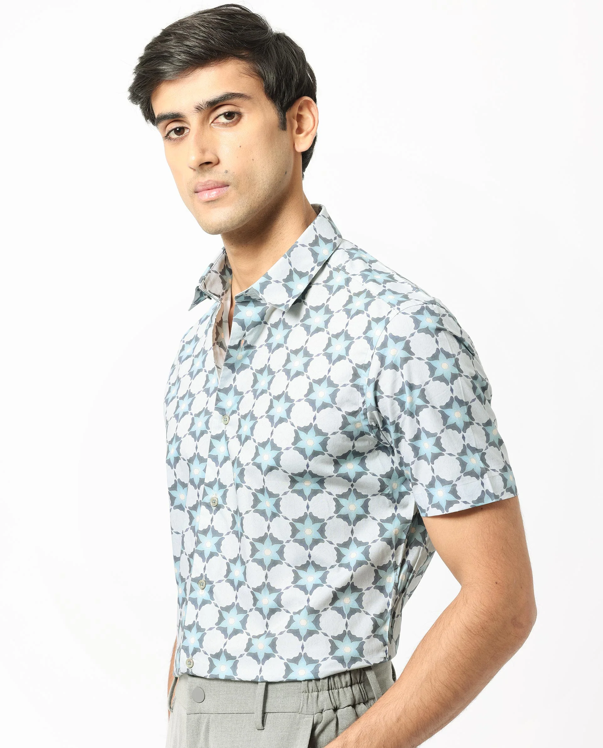Rare Rabbit Men's Flaret Grey Cotton Floral Print Regular Fit Half Sleeve Collared Shirt - Image 3