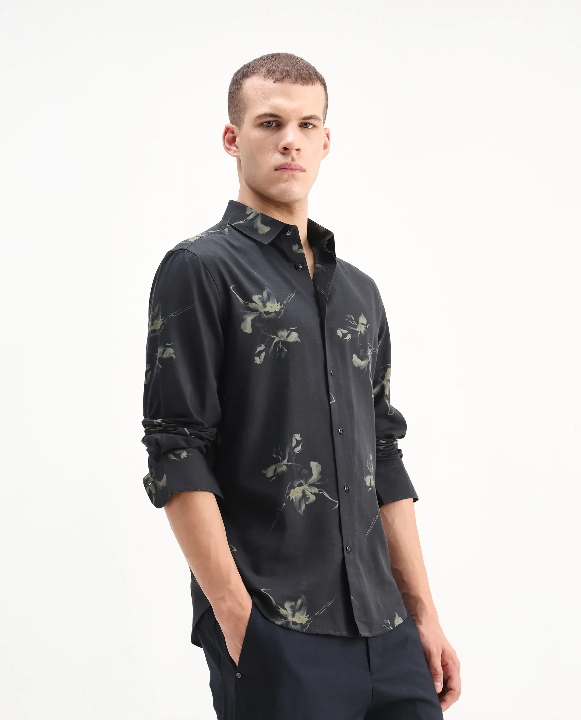 Rare Rabbit Men's Flaro Black Viscose Floral Print Regular Fit Full Sleeve Collared Shirt - Image 4