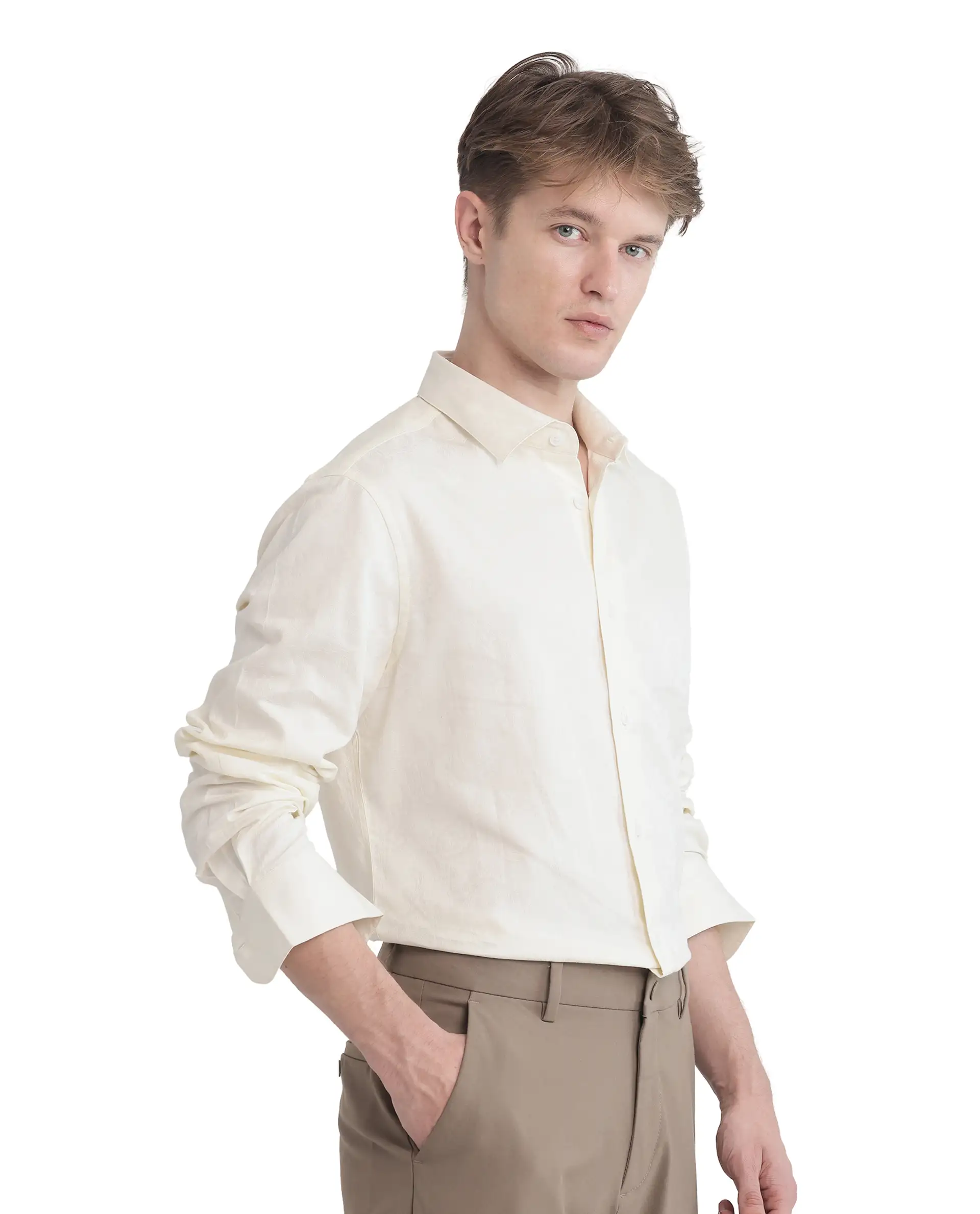 Rare Rabbit Men's Flarp Off White Cotton Blend Regular Fit Full Sleeve Collared Shirt - Image 7