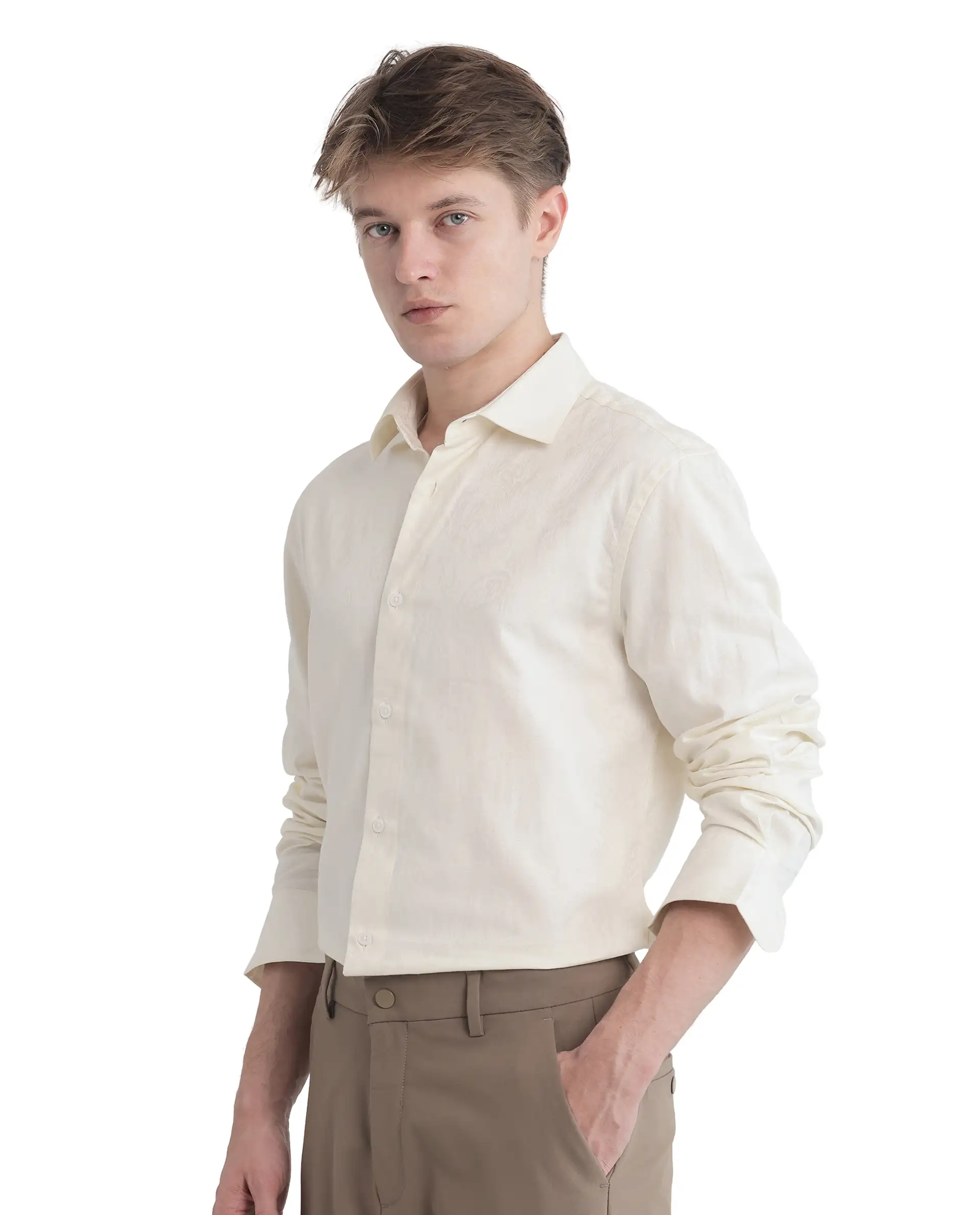Rare Rabbit Men's Flarp Off White Cotton Blend Regular Fit Full Sleeve Collared Shirt - Image 8