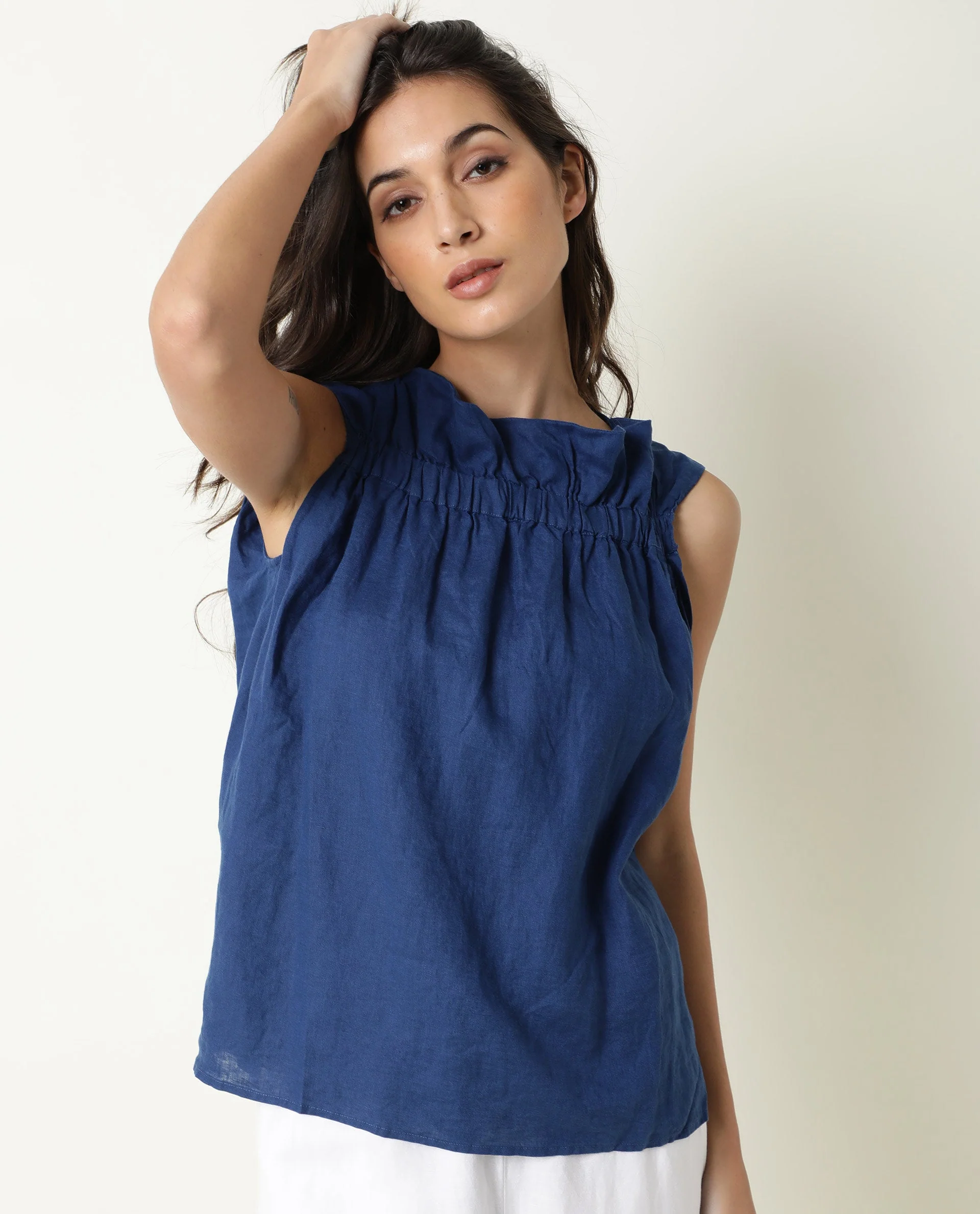 Rareism Women's Flash Blue Linen Sweetheart Neck Plain Sleeveless Knee Length Tailored Top - Image 10