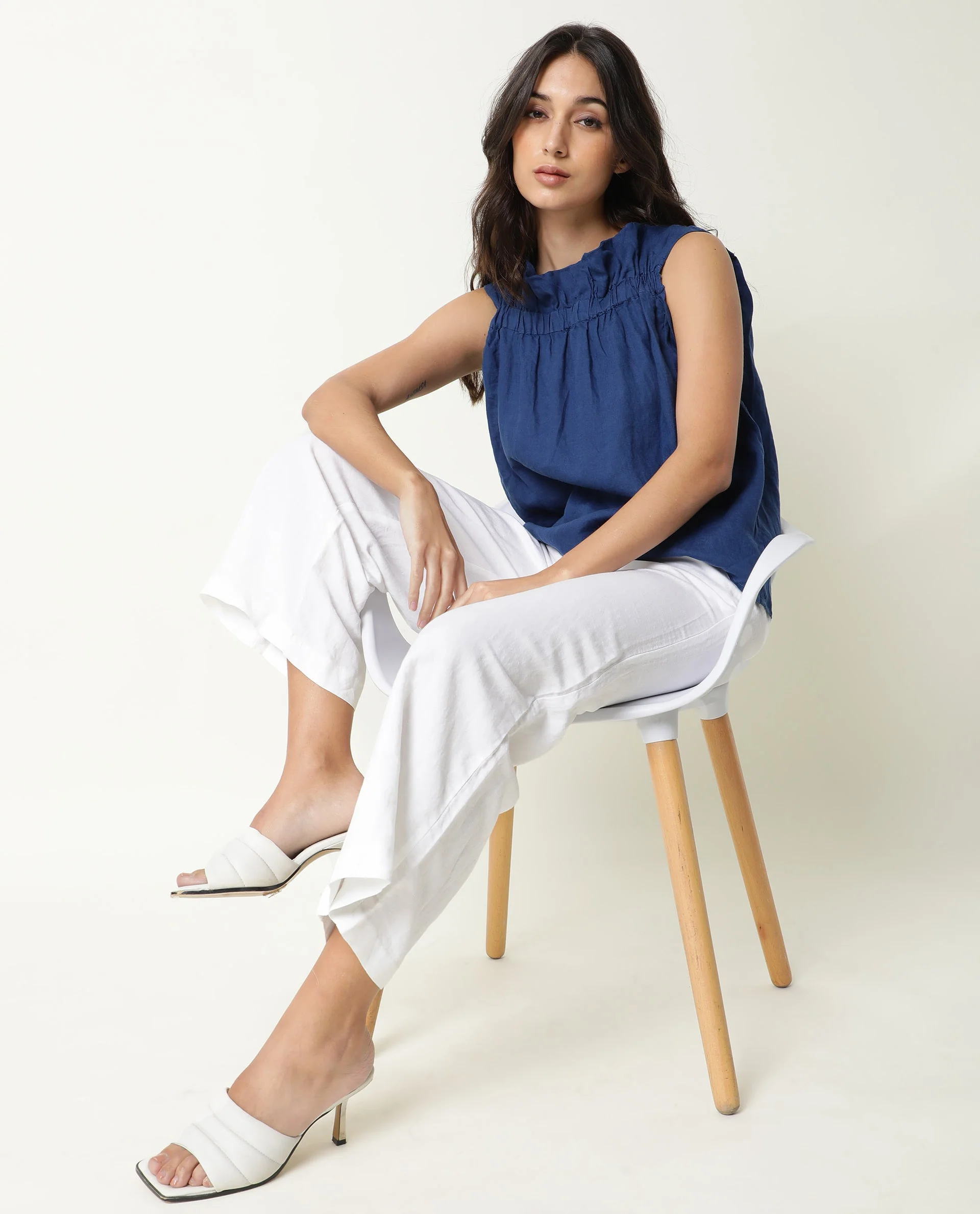 Rareism Women's Flash Blue Linen Sweetheart Neck Plain Sleeveless Knee Length Tailored Top - Image 11