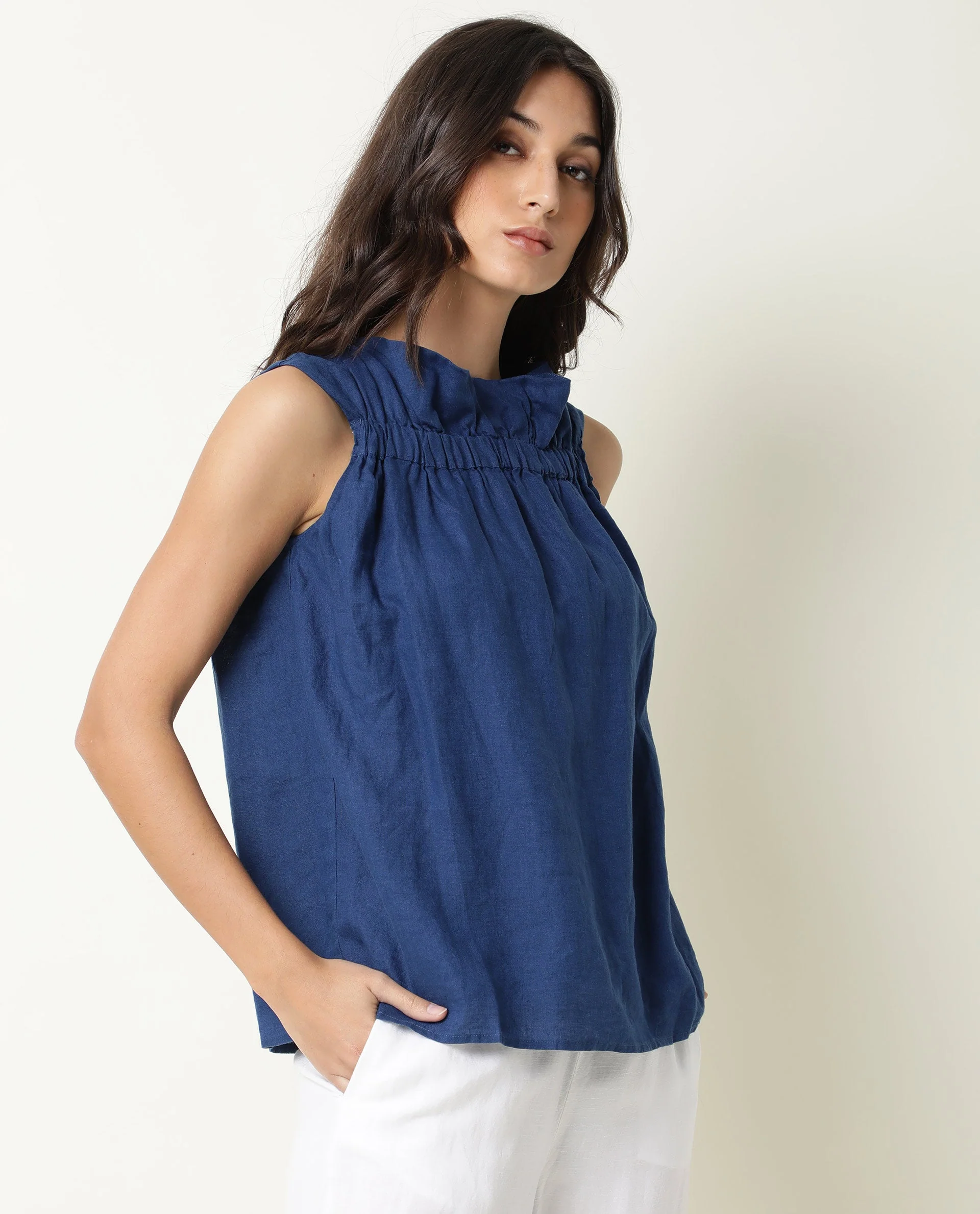 Rareism Women's Flash Blue Linen Sweetheart Neck Plain Sleeveless Knee Length Tailored Top - Image 12