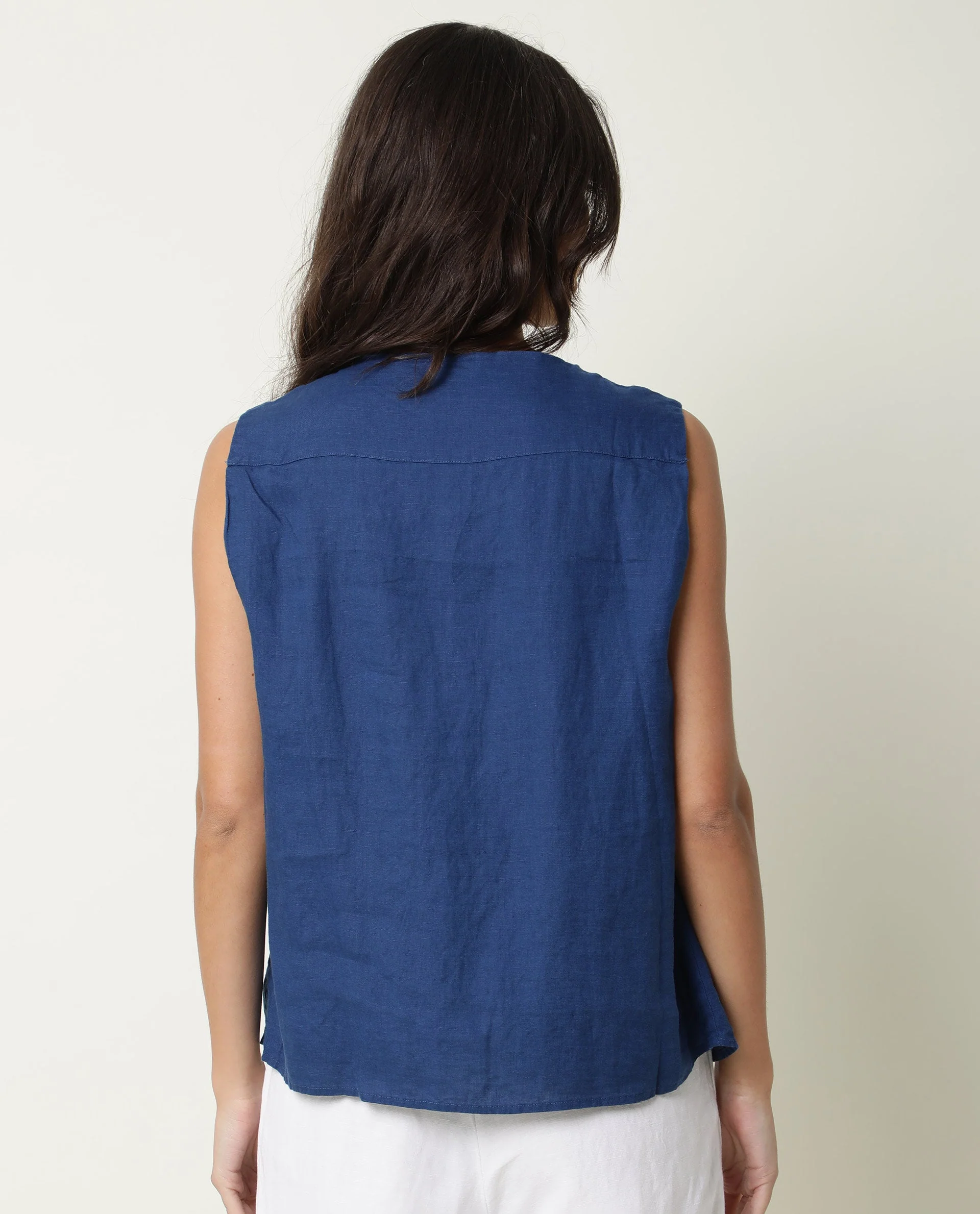 Rareism Women's Flash Blue Linen Sweetheart Neck Plain Sleeveless Knee Length Tailored Top - Image 13