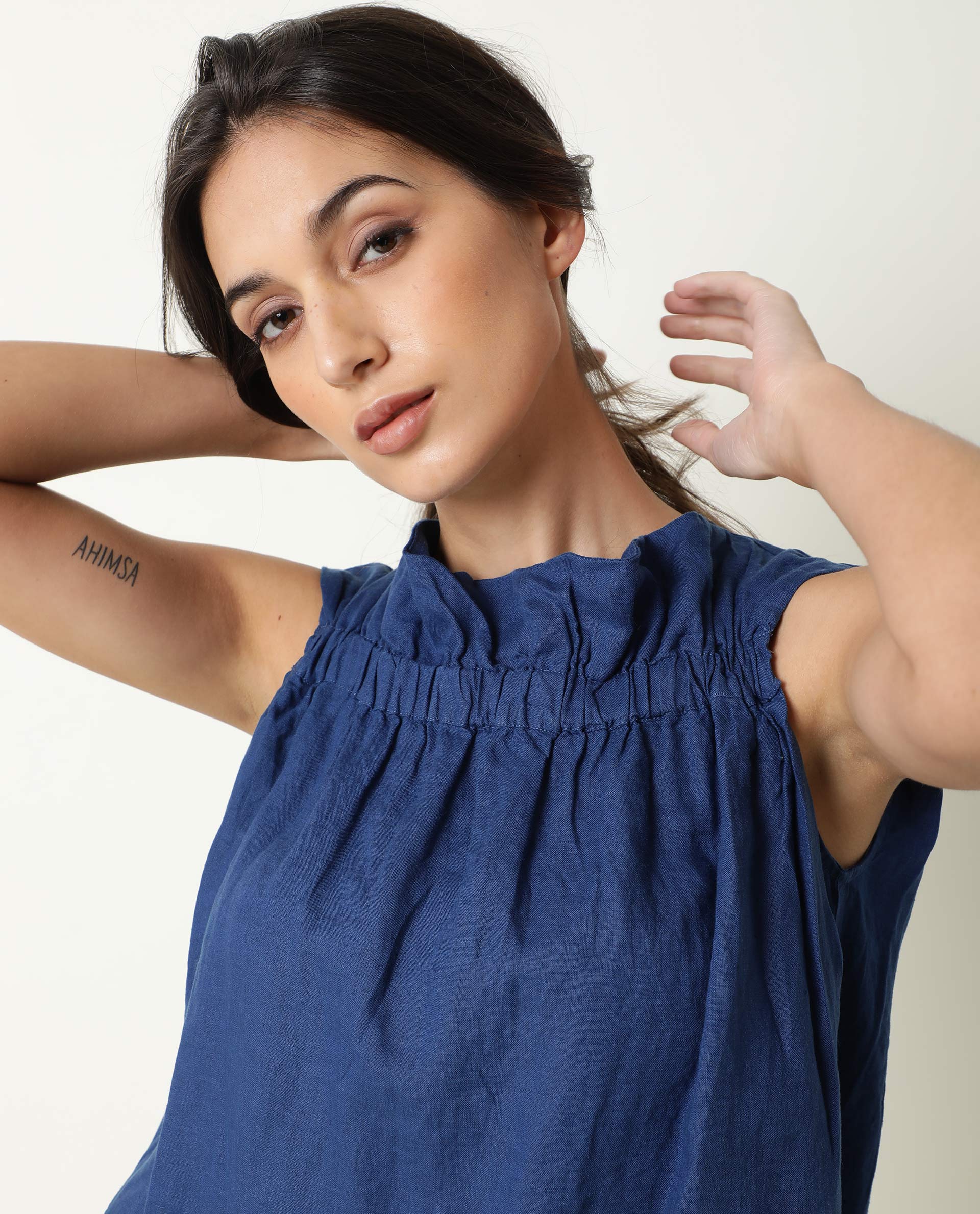 Rareism Women's Flash Blue Linen Sweetheart Neck Plain Sleeveless Knee Length Tailored Top - Image 2
