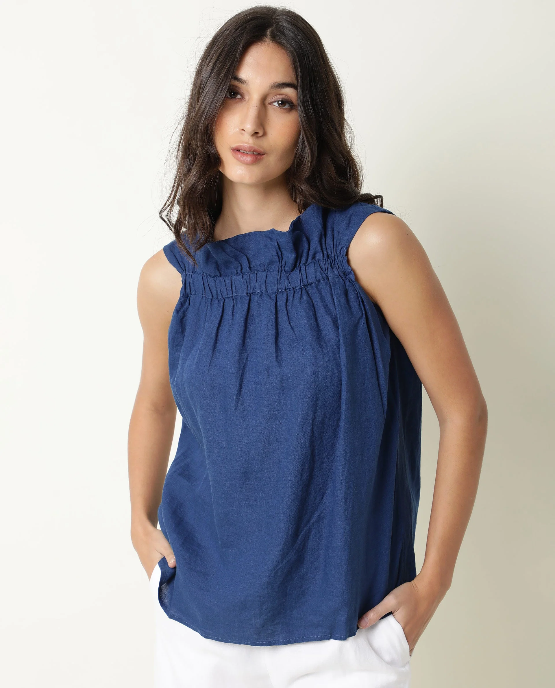 Rareism Women's Flash Blue Linen Sweetheart Neck Plain Sleeveless Knee Length Tailored Top - Image 3