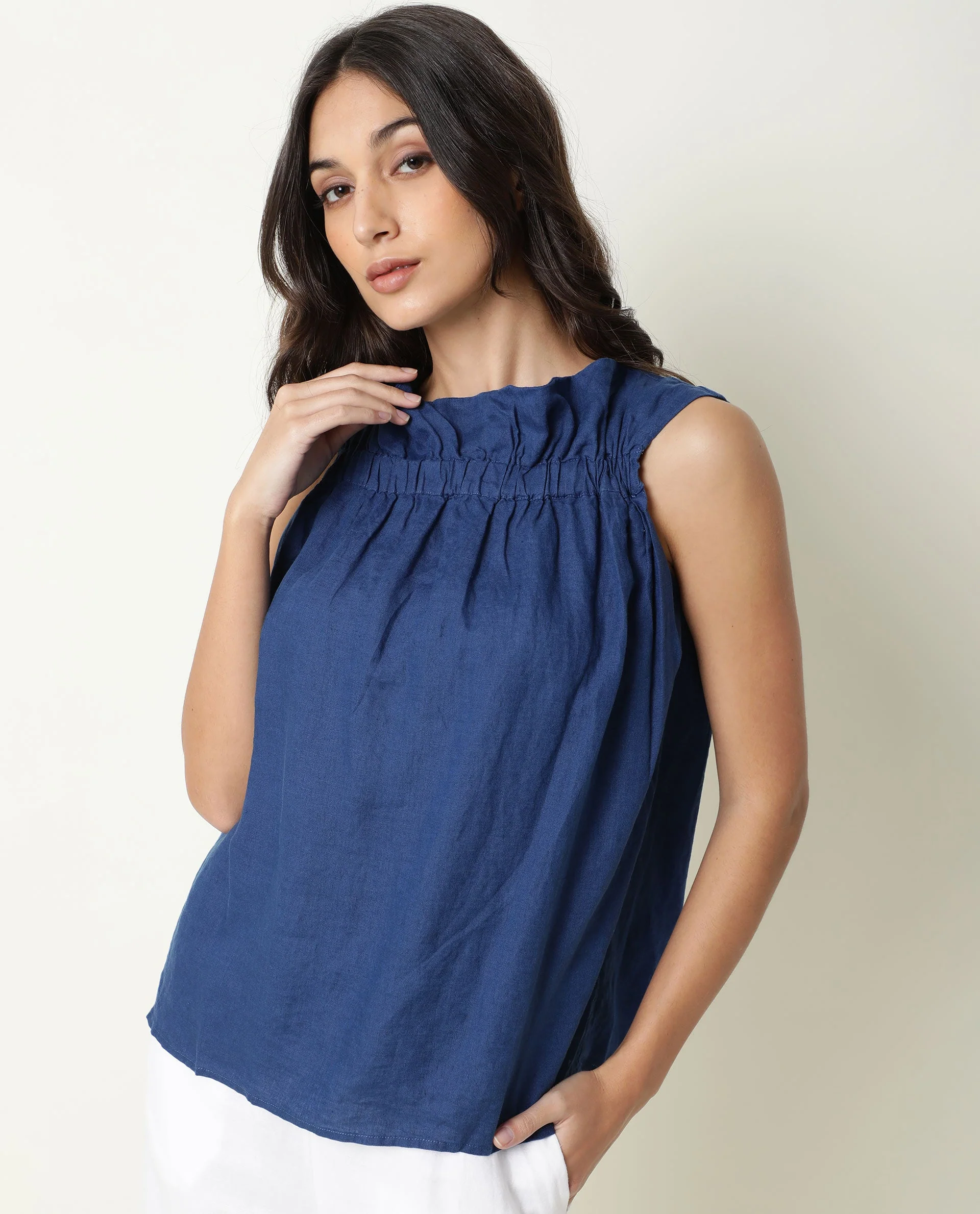 Rareism Women's Flash Blue Linen Sweetheart Neck Plain Sleeveless Knee Length Tailored Top - Image 4