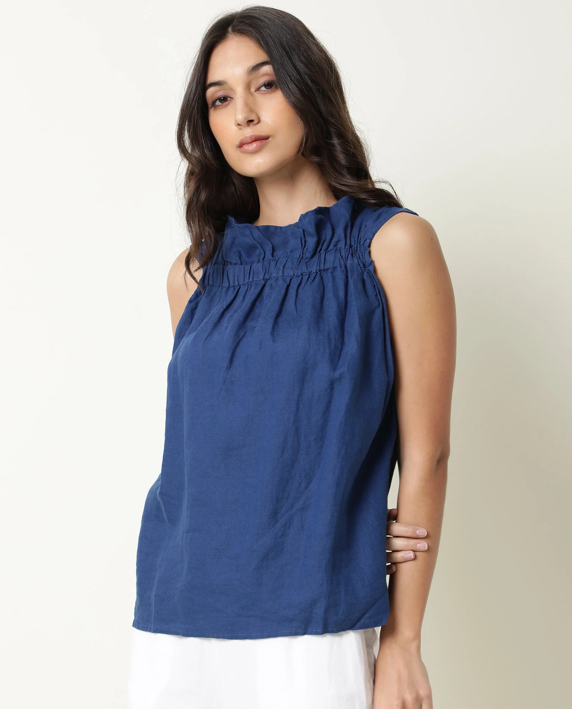 Rareism Women's Flash Blue Linen Sweetheart Neck Plain Sleeveless Knee Length Tailored Top - Image 5