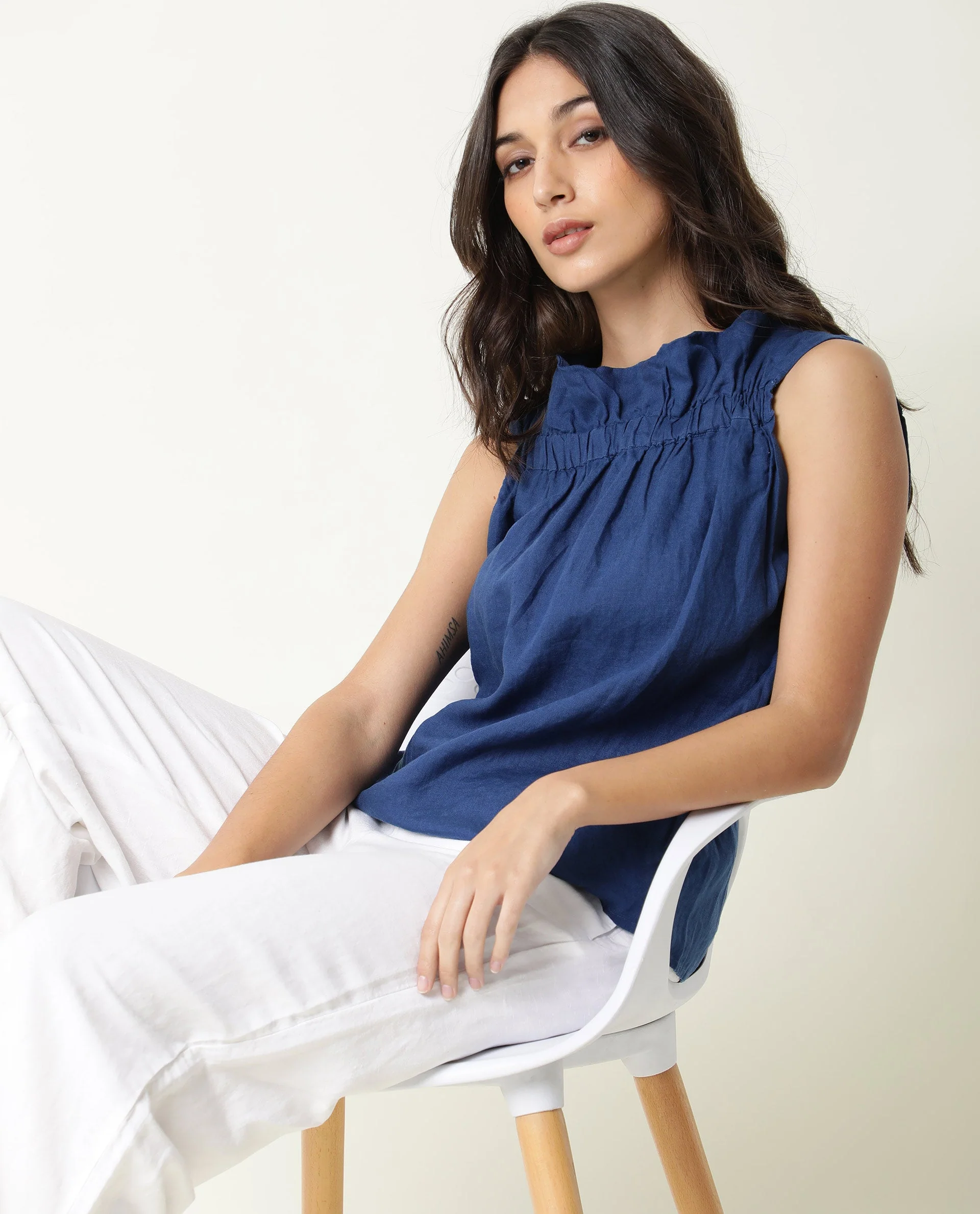 Rareism Women's Flash Blue Linen Sweetheart Neck Plain Sleeveless Knee Length Tailored Top - Image 6