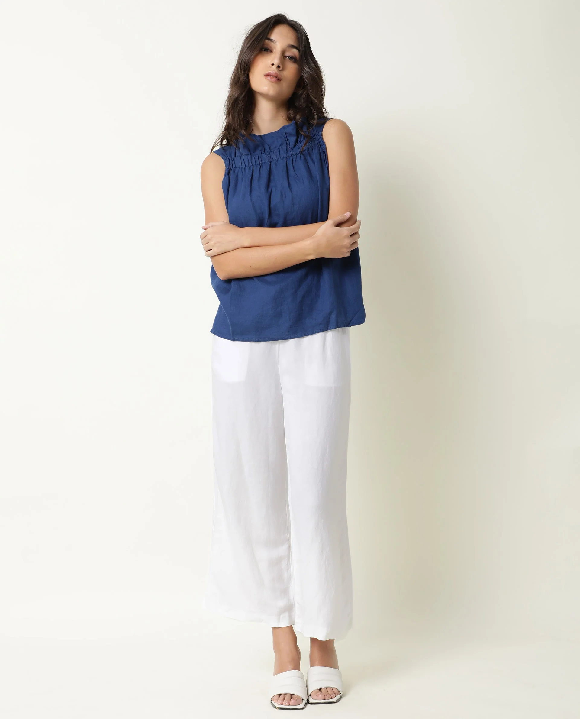 Rareism Women's Flash Blue Linen Sweetheart Neck Plain Sleeveless Knee Length Tailored Top - Image 7
