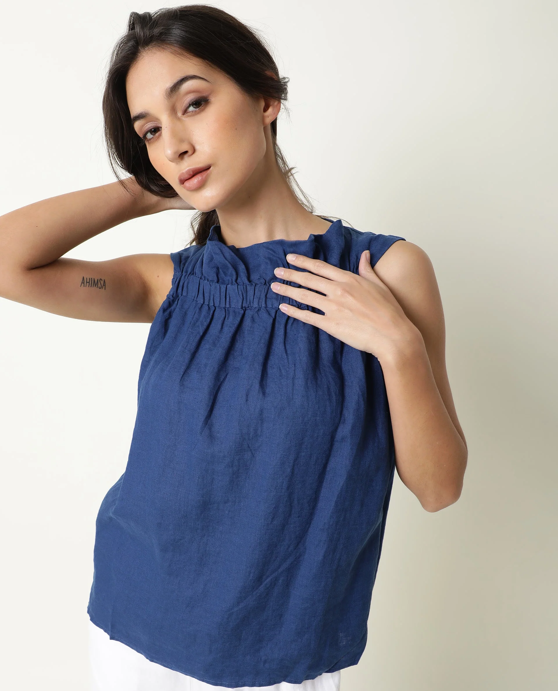 Rareism Women's Flash Blue Linen Sweetheart Neck Plain Sleeveless Knee Length Tailored Top - Image 8