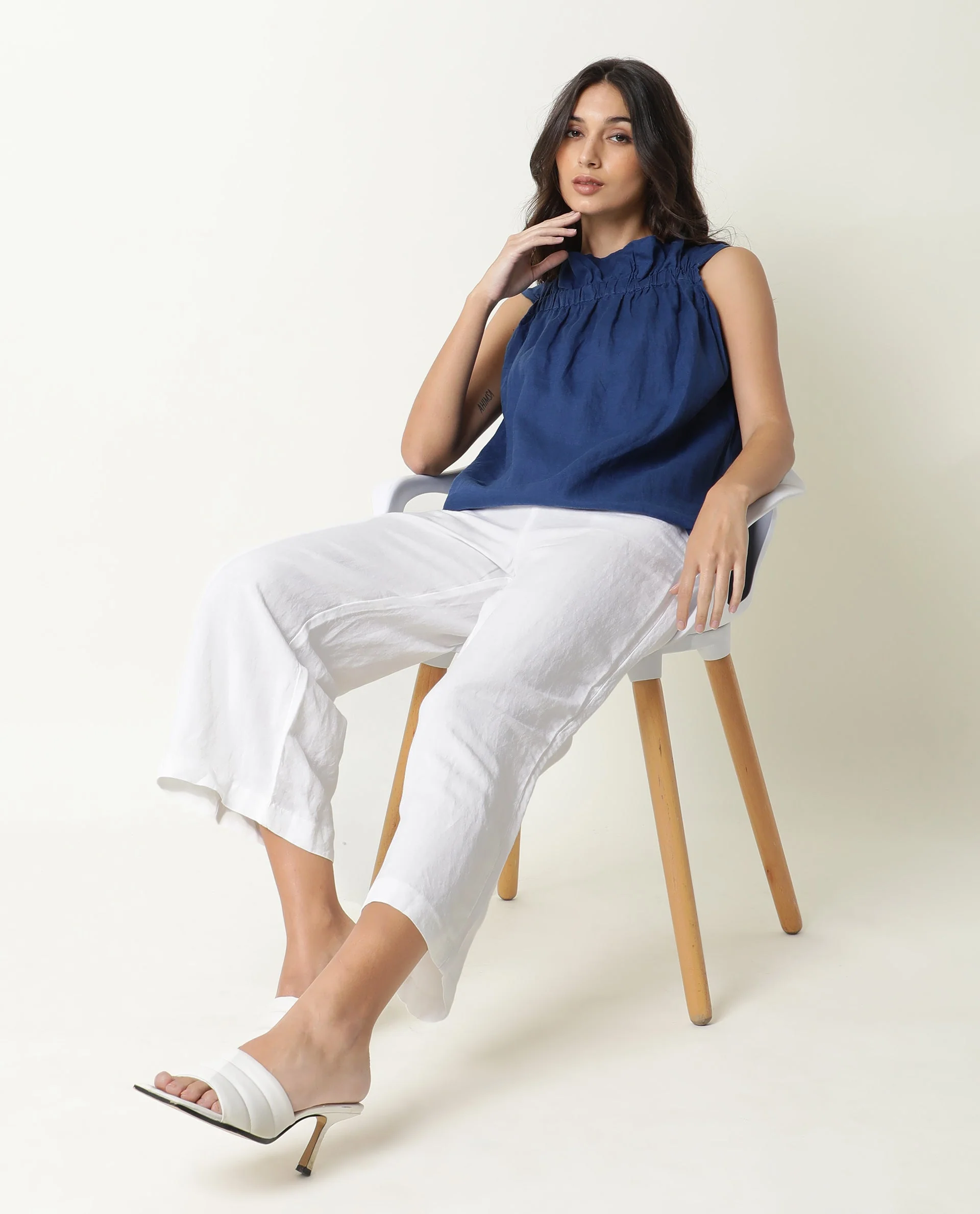Rareism Women's Flash Blue Linen Sweetheart Neck Plain Sleeveless Knee Length Tailored Top - Image 9