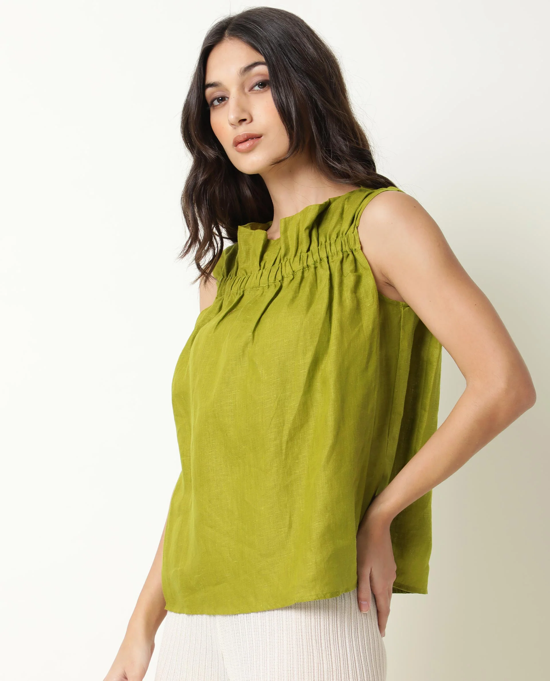 Rareism Women's Flash Green Linen Square Neck Plain Knee Length Tailored Top - Image 10