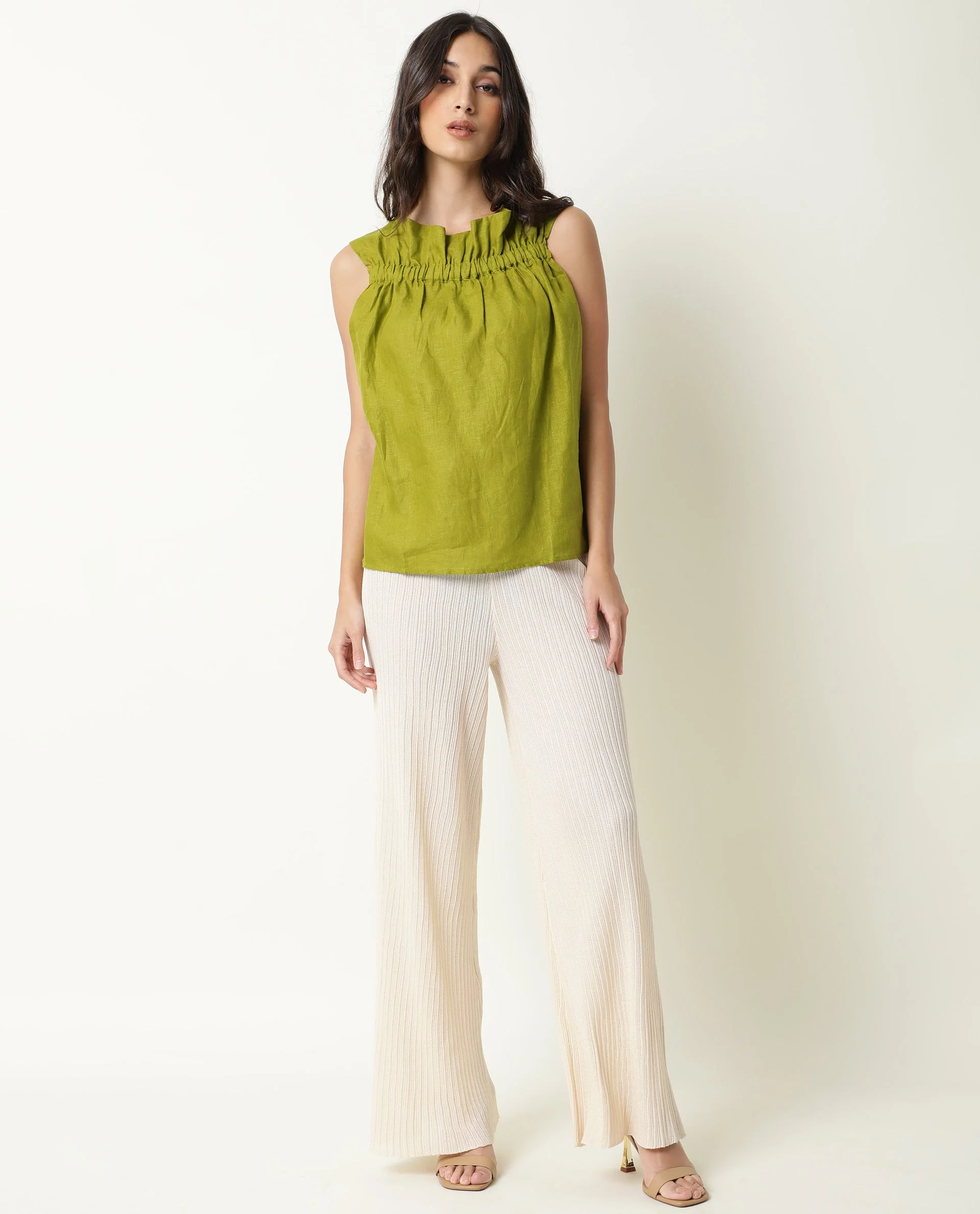 Rareism Women's Flash Green Linen Square Neck Plain Knee Length Tailored Top - Image 2
