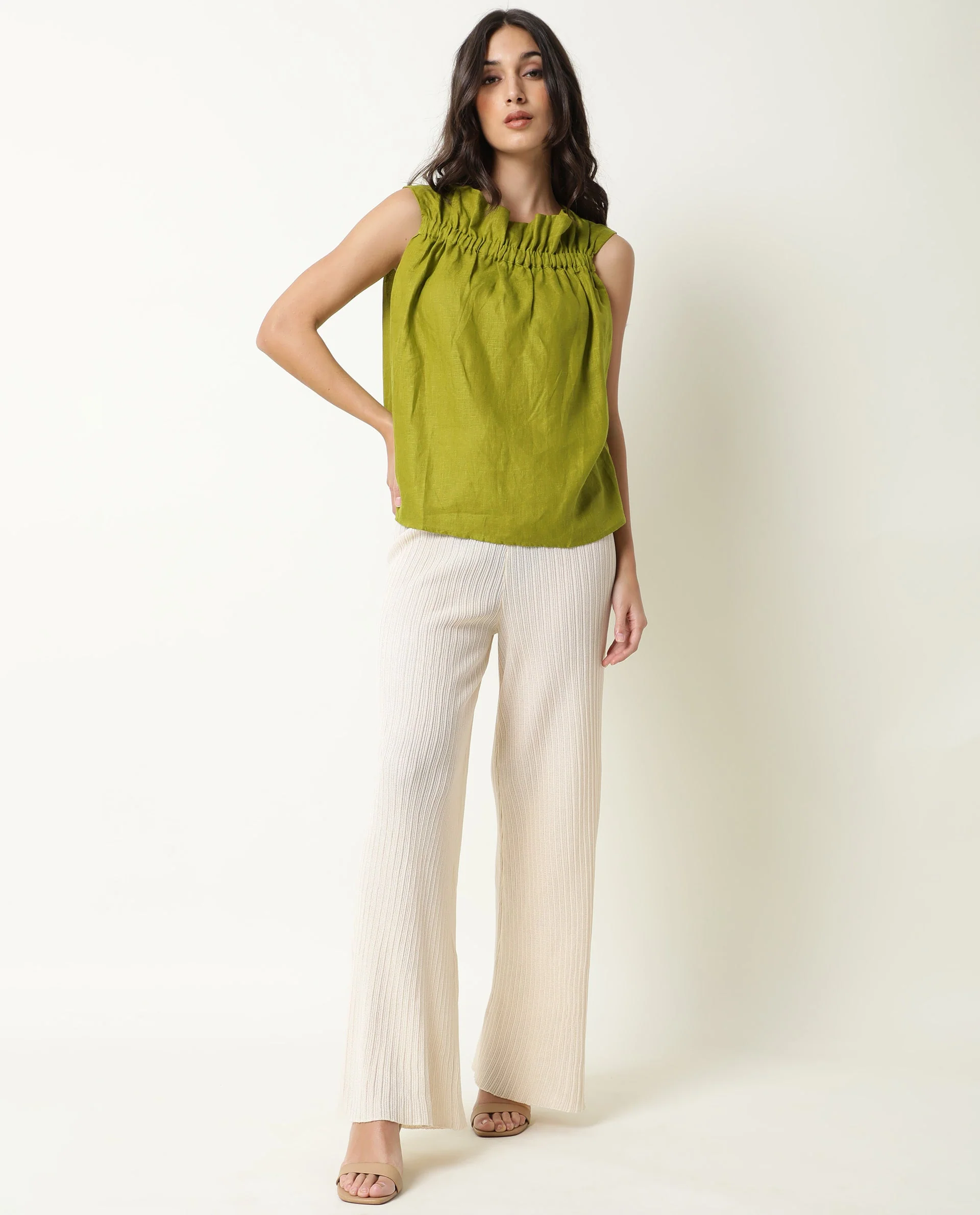 Rareism Women's Flash Green Linen Square Neck Plain Knee Length Tailored Top - Image 3