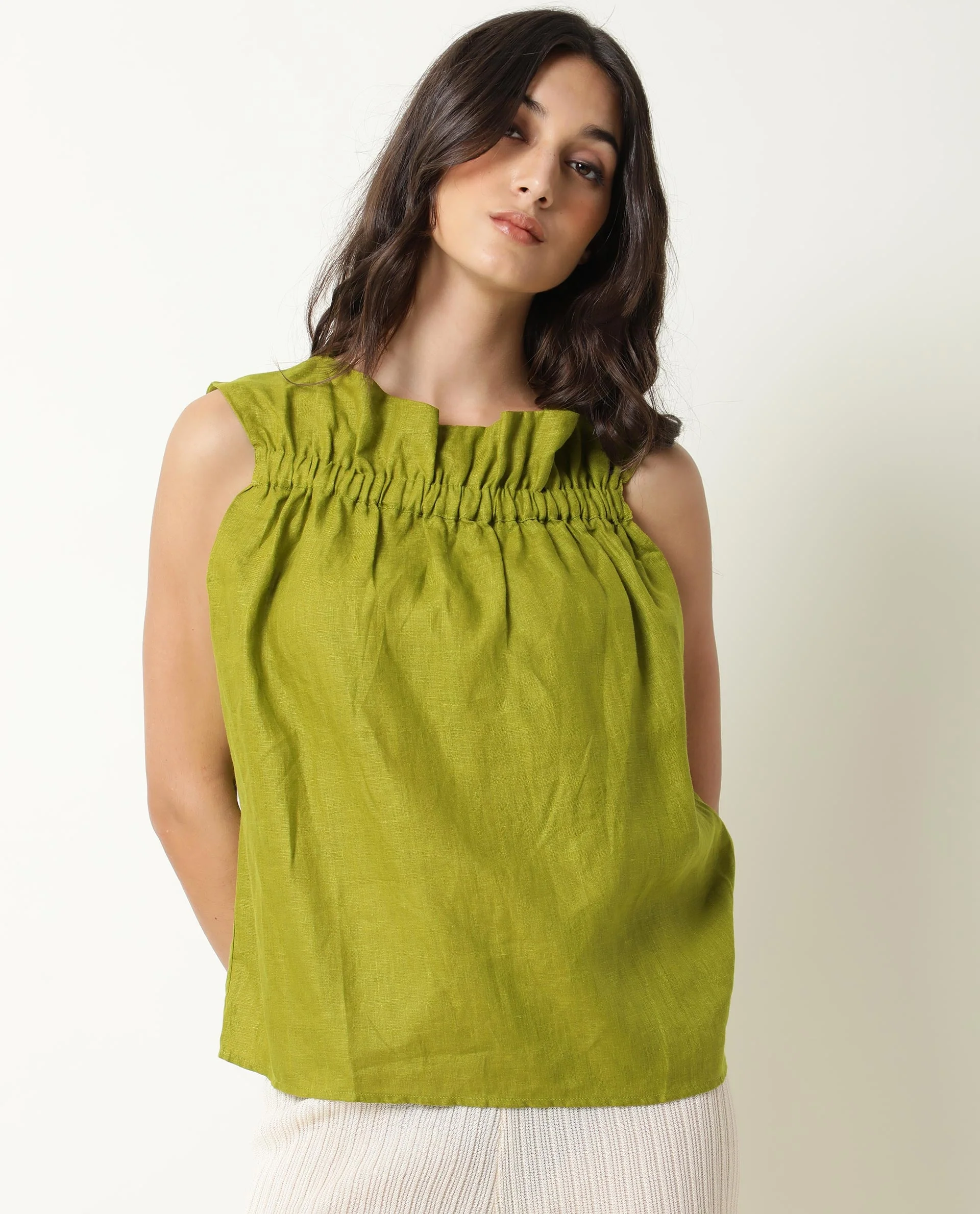 Rareism Women's Flash Green Linen Square Neck Plain Knee Length Tailored Top - Image 5