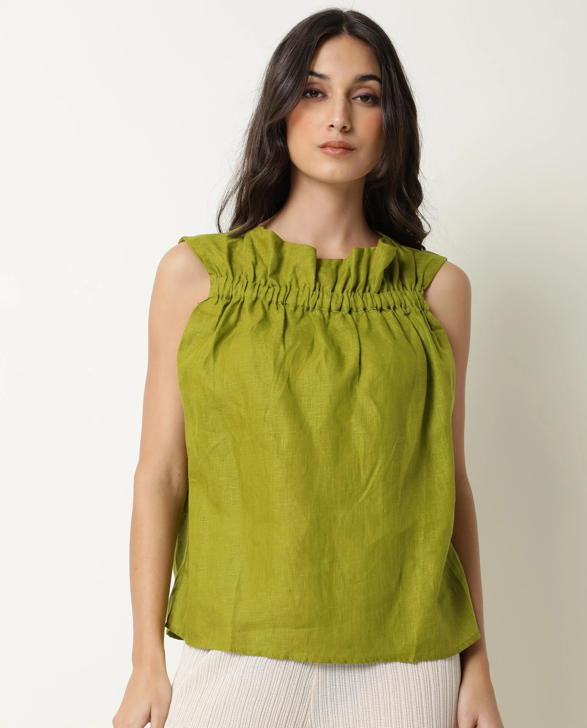 Rareism Women's Flash Green Linen Square Neck Plain Knee Length Tailored Top - Image 6