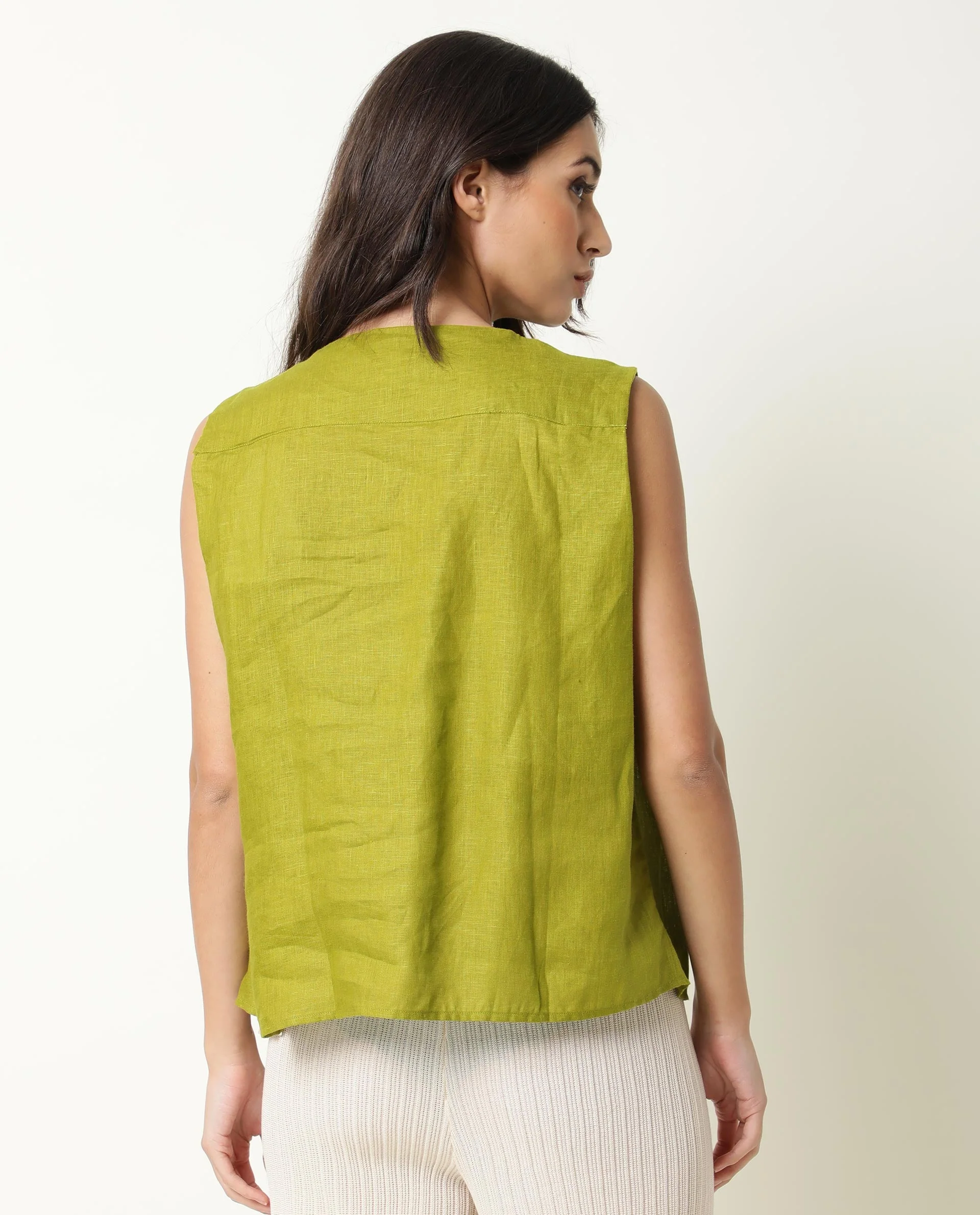 Rareism Women's Flash Green Linen Square Neck Plain Knee Length Tailored Top - Image 7
