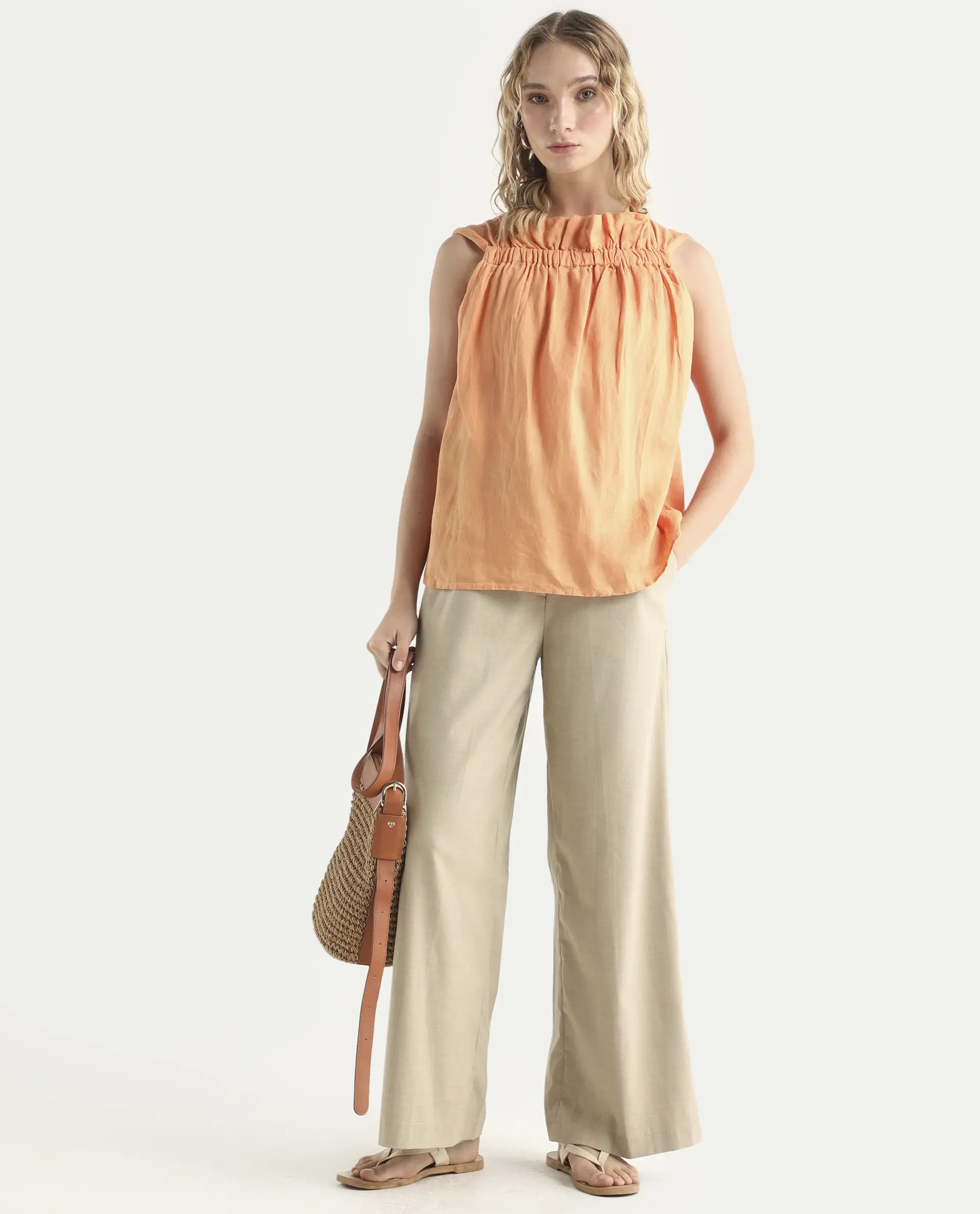Rareism Women's Flash Orange Linen Sweetheart Neck Plain Sleeveless Knee Length Tailored Top - Image 2