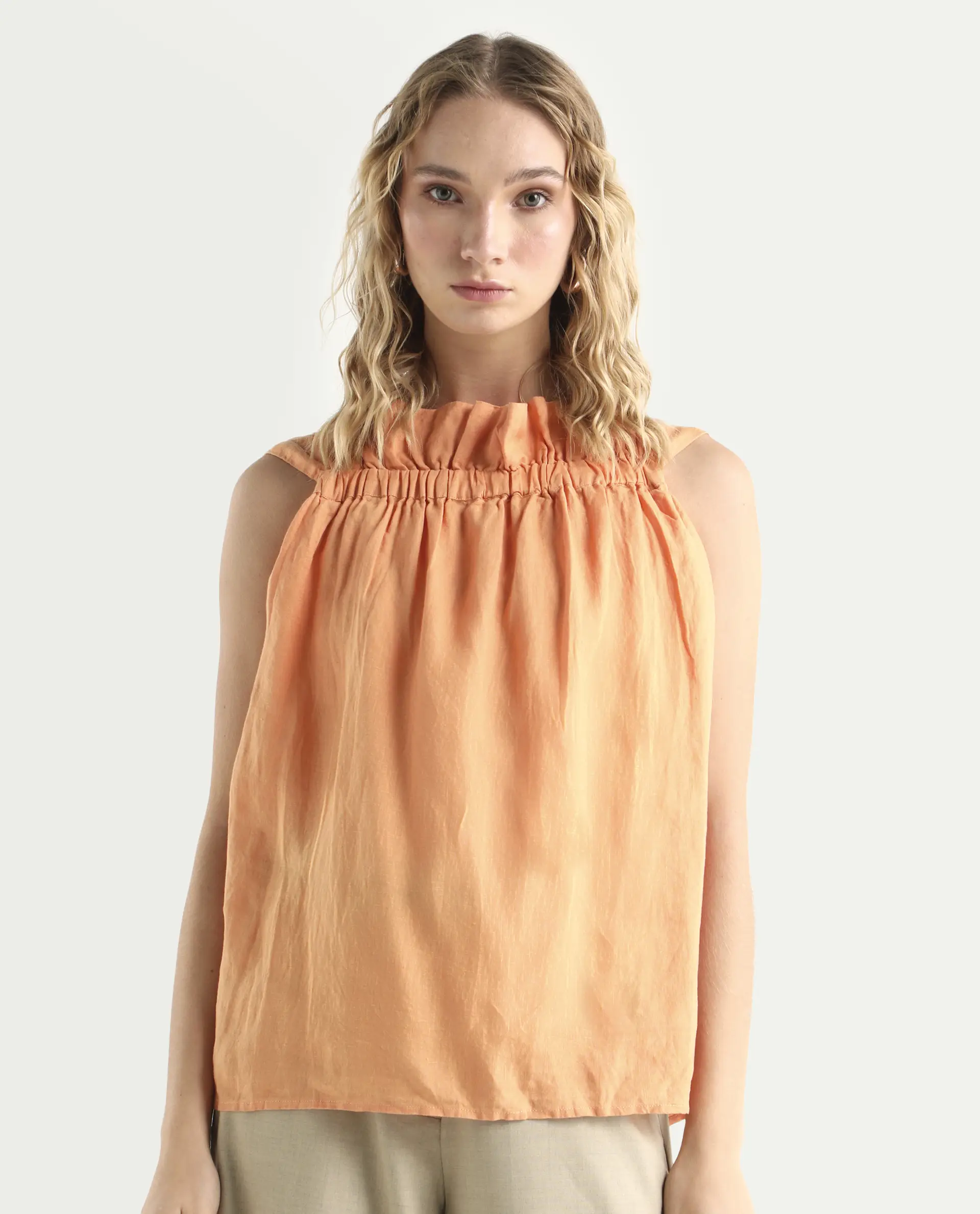 Rareism Women's Flash Orange Linen Sweetheart Neck Plain Sleeveless Knee Length Tailored Top - Image 3