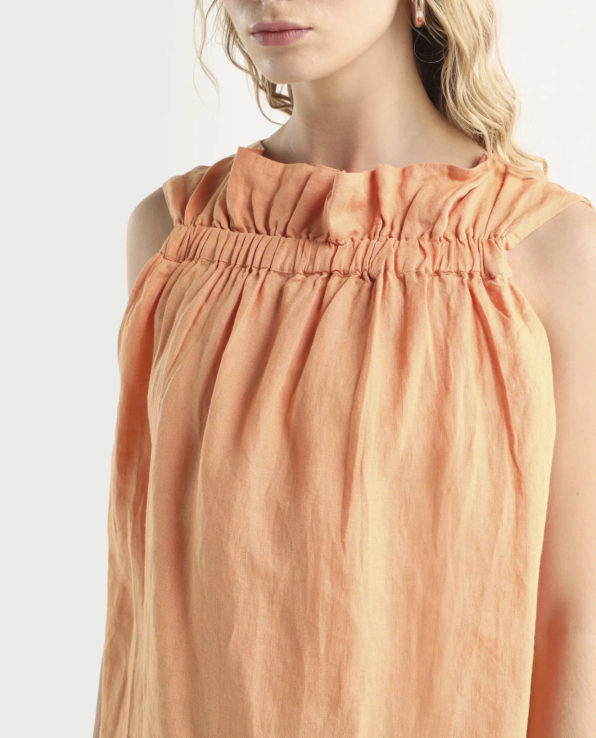 Rareism Women's Flash Orange Linen Sweetheart Neck Plain Sleeveless Knee Length Tailored Top - Image 4