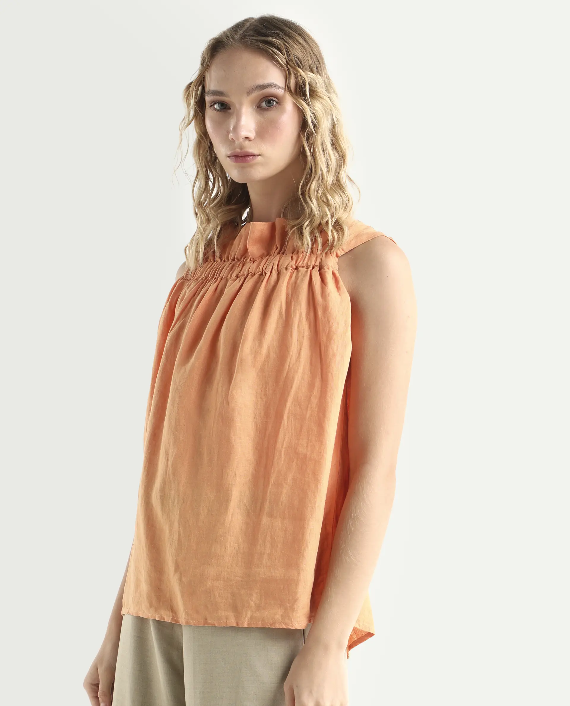 Rareism Women's Flash Orange Linen Sweetheart Neck Plain Sleeveless Knee Length Tailored Top - Image 5