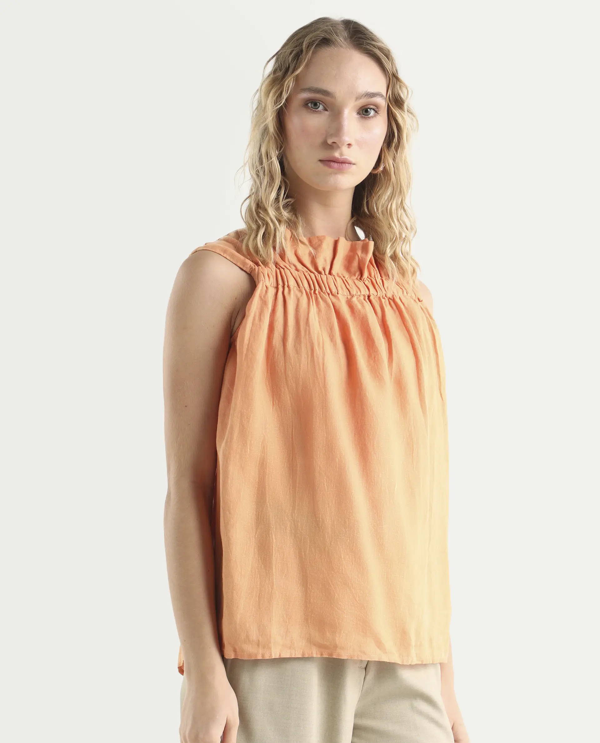 Rareism Women's Flash Orange Linen Sweetheart Neck Plain Sleeveless Knee Length Tailored Top - Image 6