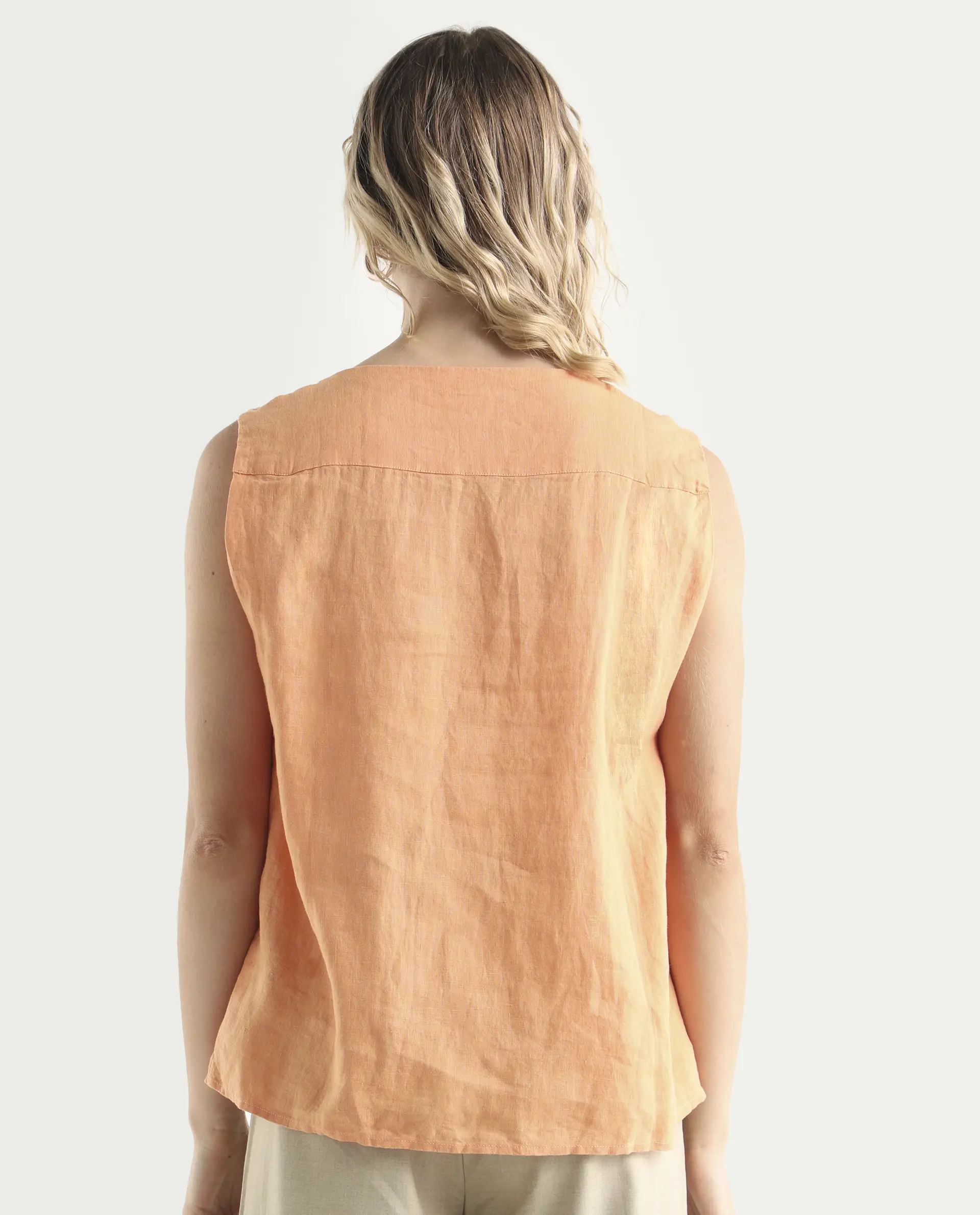 Rareism Women's Flash Orange Linen Sweetheart Neck Plain Sleeveless Knee Length Tailored Top - Image 7