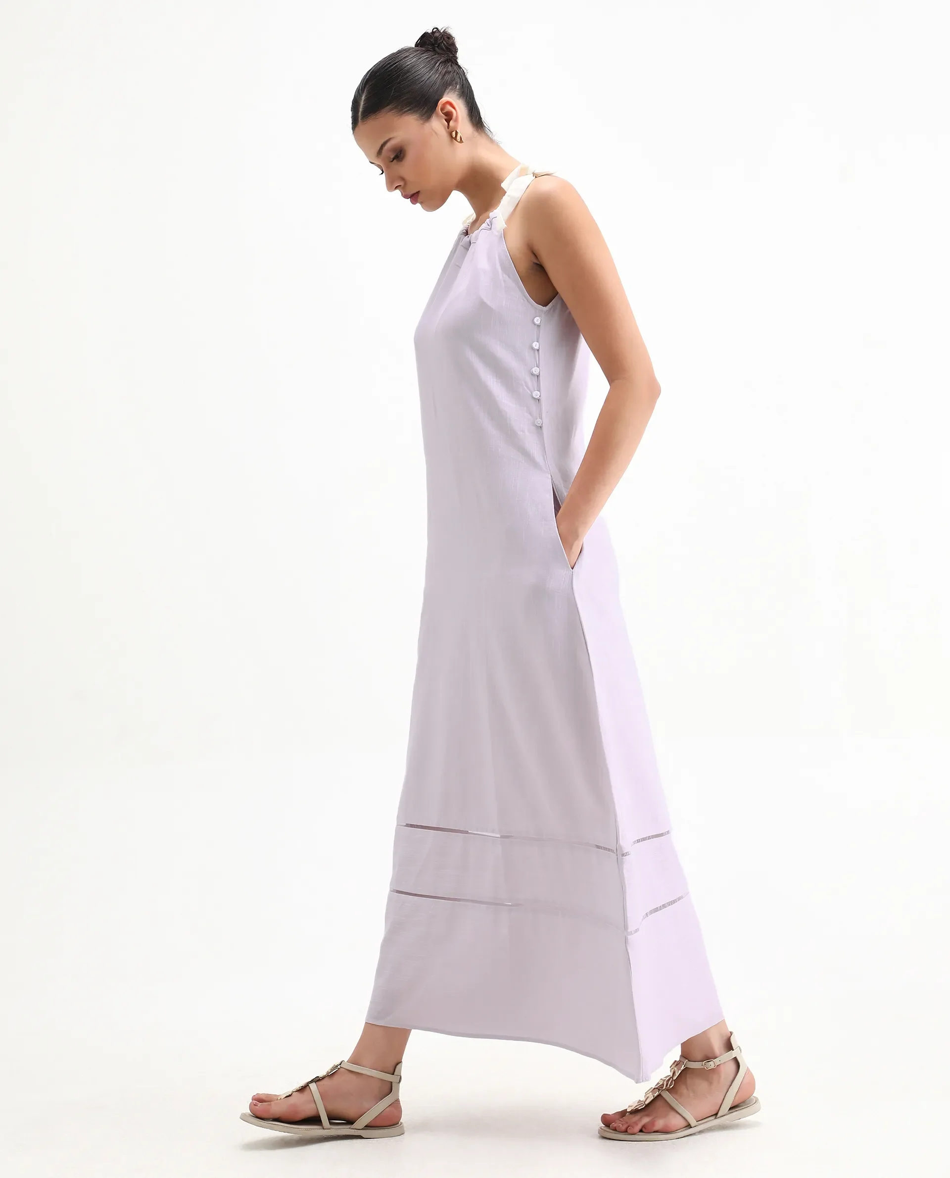Rareism Women's Flat Purple Linen Tie-Up Neck Plain Sleeveless Knee Length Regular Fit Dress - Image 2