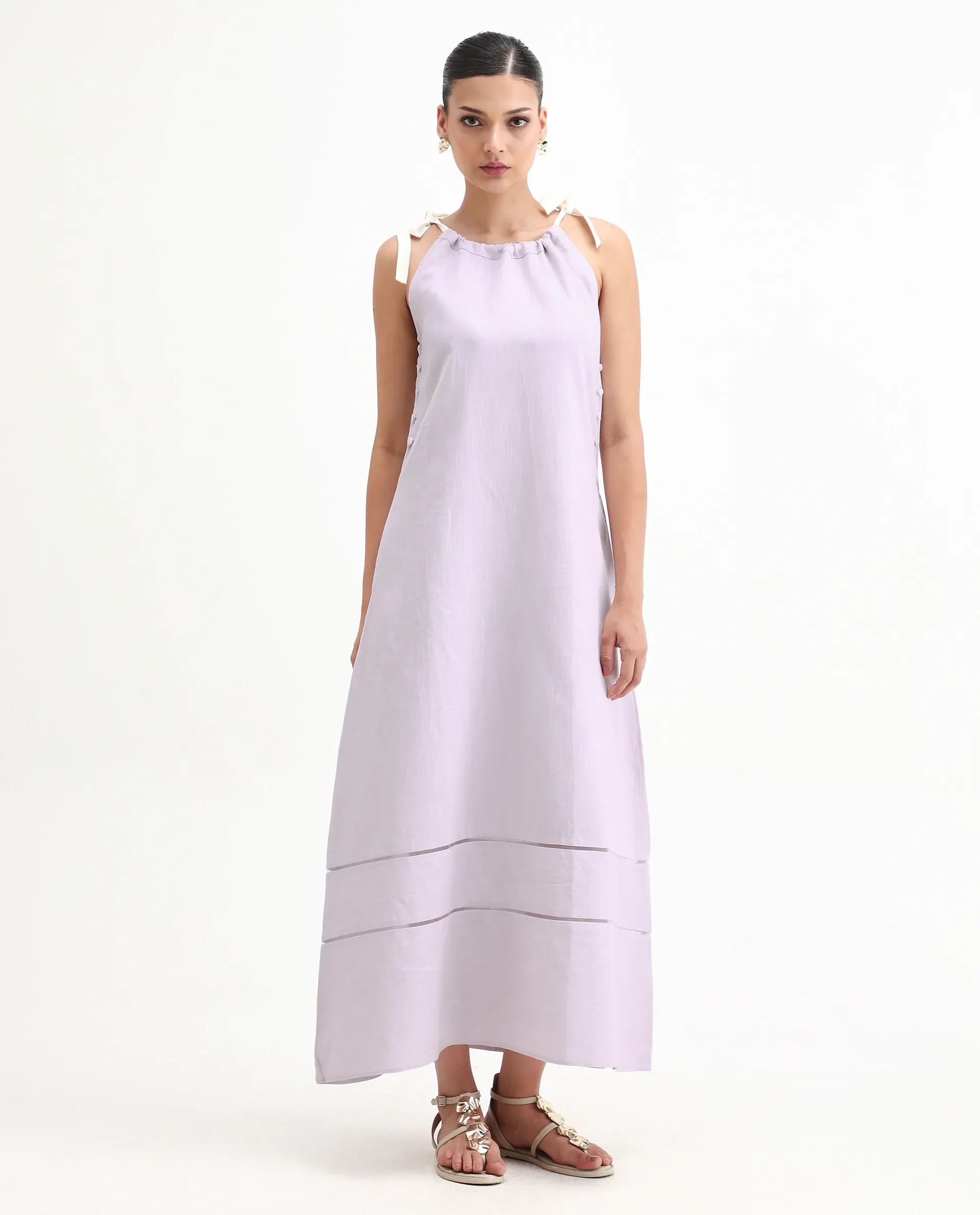 Rareism Women's Flat Purple Linen Tie-Up Neck Plain Sleeveless Knee Length Regular Fit Dress - Image 4