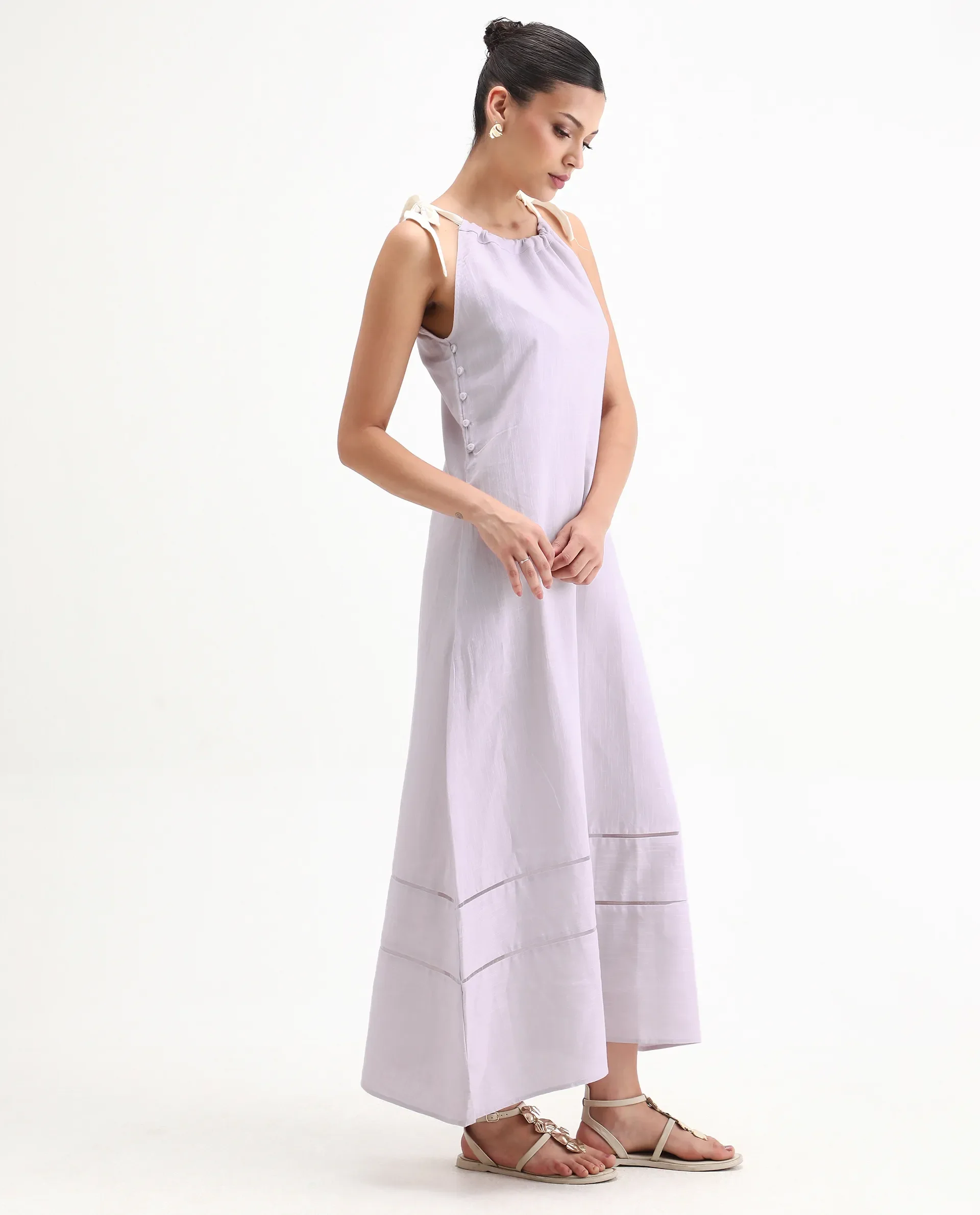 Rareism Women's Flat Purple Linen Tie-Up Neck Plain Sleeveless Knee Length Regular Fit Dress - Image 5