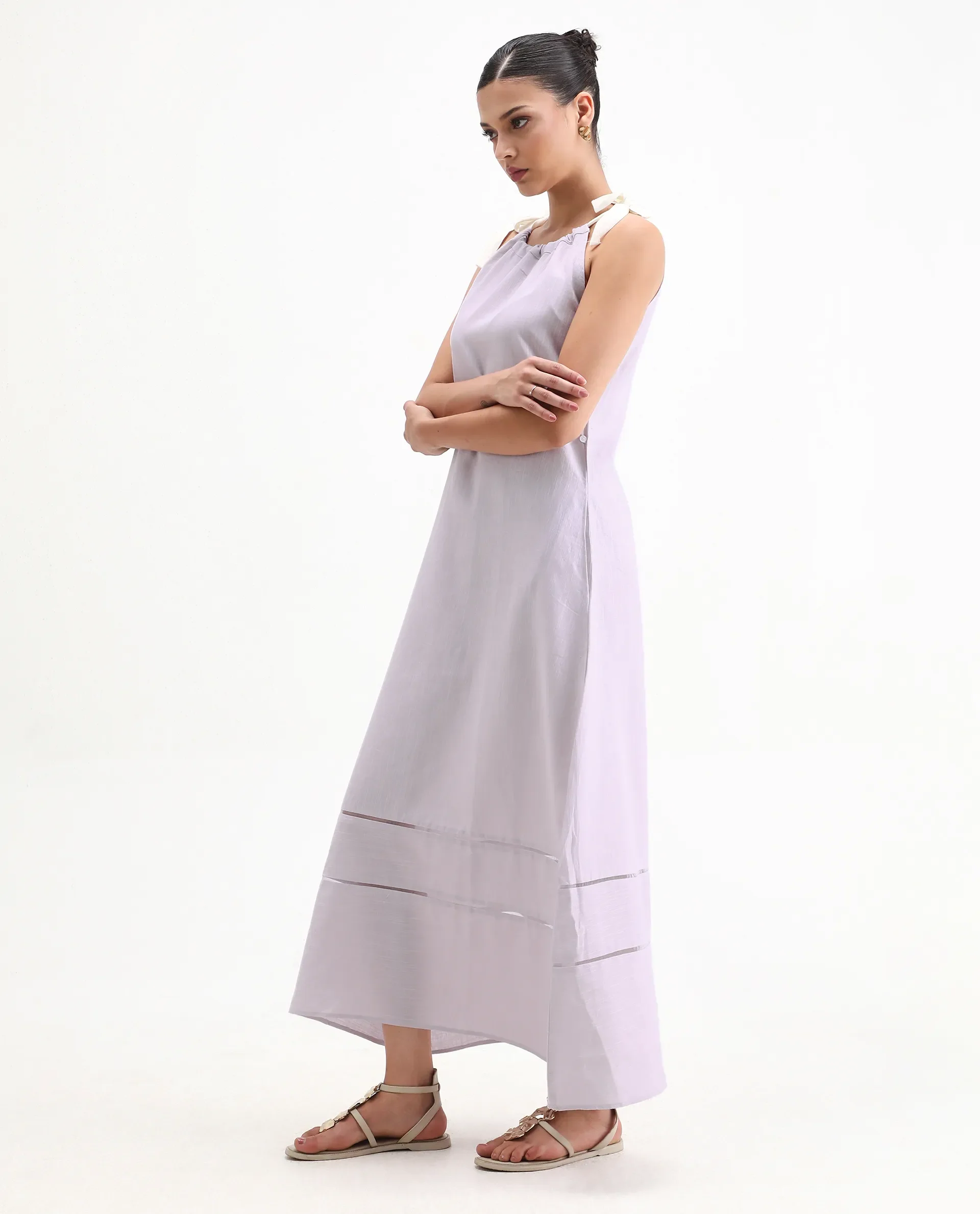 Rareism Women's Flat Purple Linen Tie-Up Neck Plain Sleeveless Knee Length Regular Fit Dress - Image 6