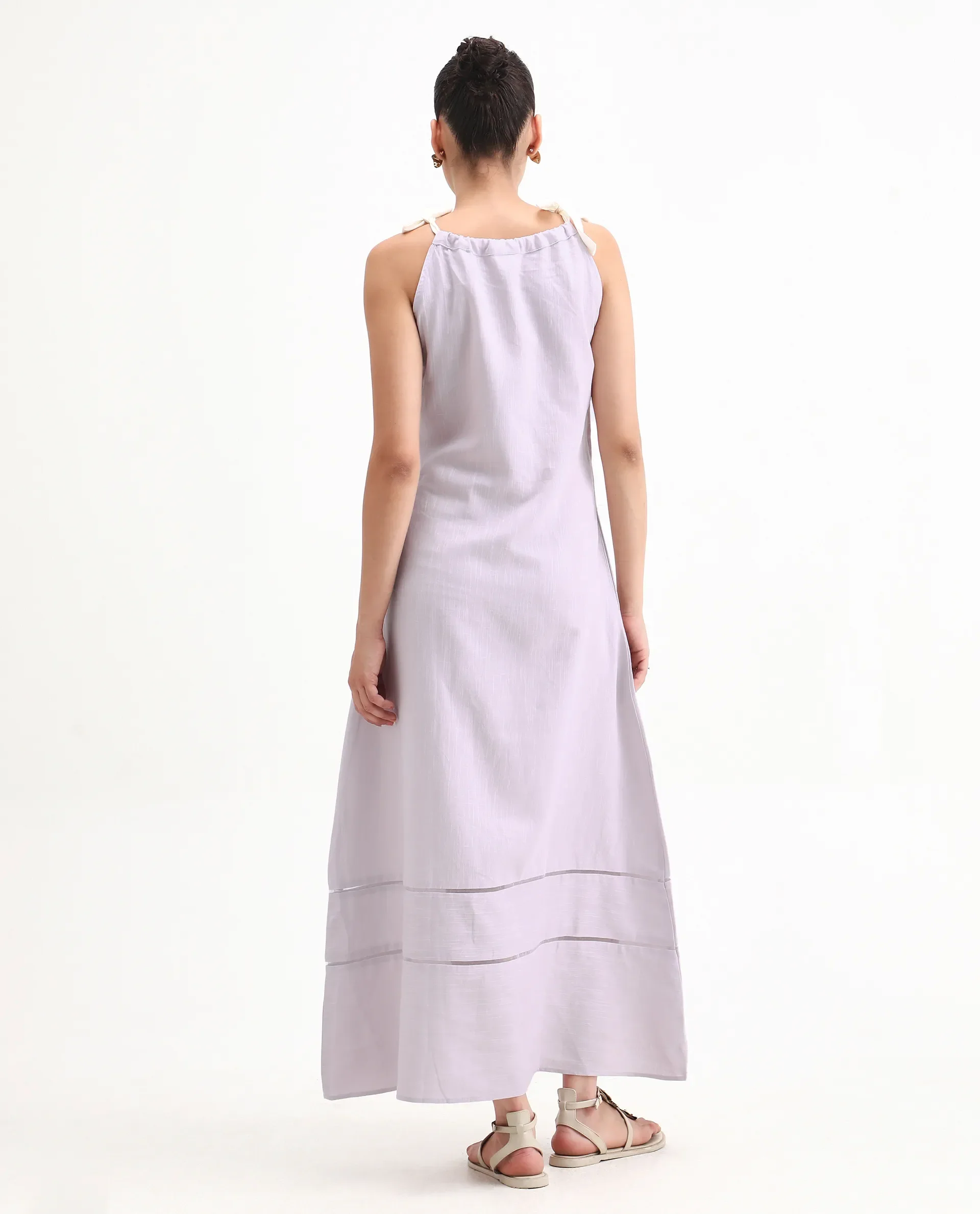 Rareism Women's Flat Purple Linen Tie-Up Neck Plain Sleeveless Knee Length Regular Fit Dress - Image 7