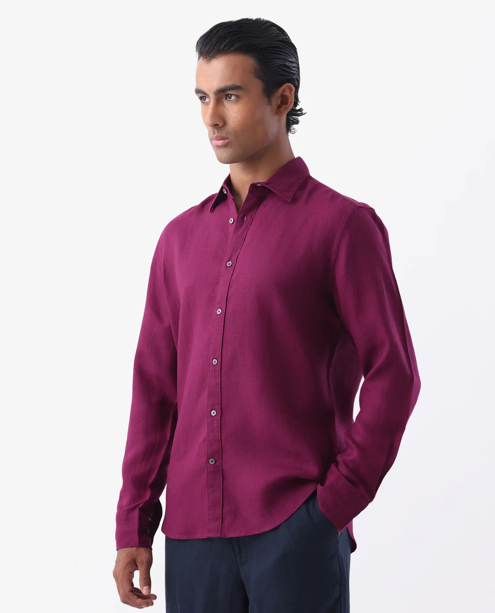 Rare Rabbit Men's Flax Purple 100% Linen Plain Regular Fit Full Sleeve Spread Collar Shirt