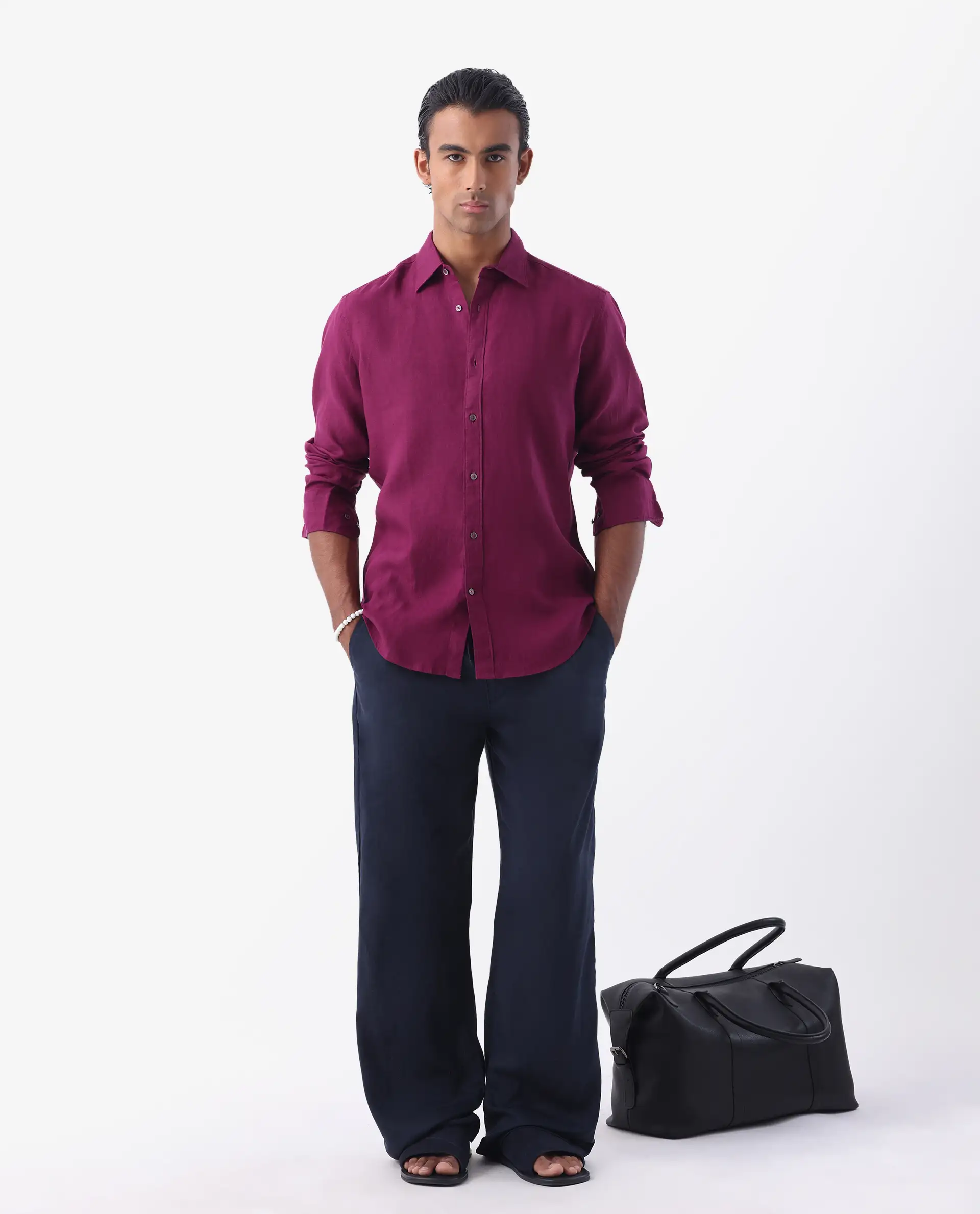 Rare Rabbit Men's Flax Purple 100% Linen Plain Regular Fit Full Sleeve Spread Collar Shirt - Image 2