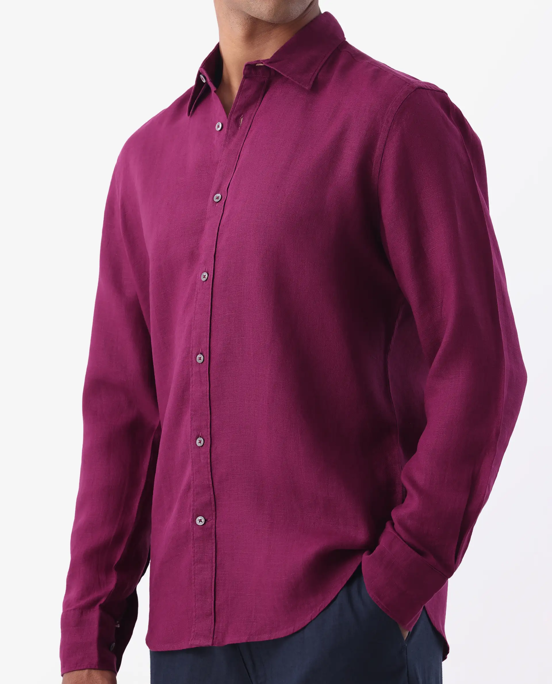 Rare Rabbit Men's Flax Purple 100% Linen Plain Regular Fit Full Sleeve Spread Collar Shirt - Image 3