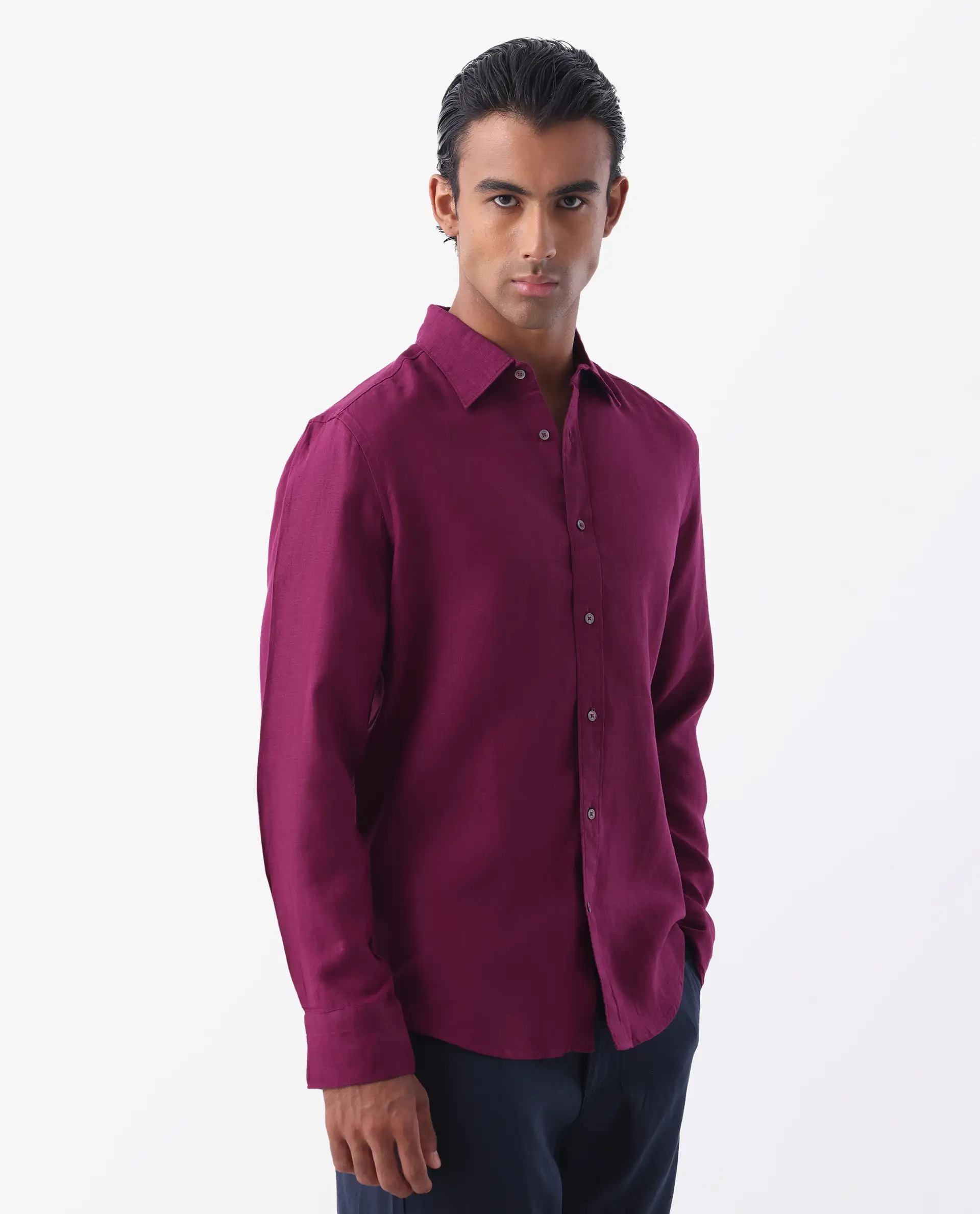 Rare Rabbit Men's Flax Purple 100% Linen Plain Regular Fit Full Sleeve Spread Collar Shirt - Image 6