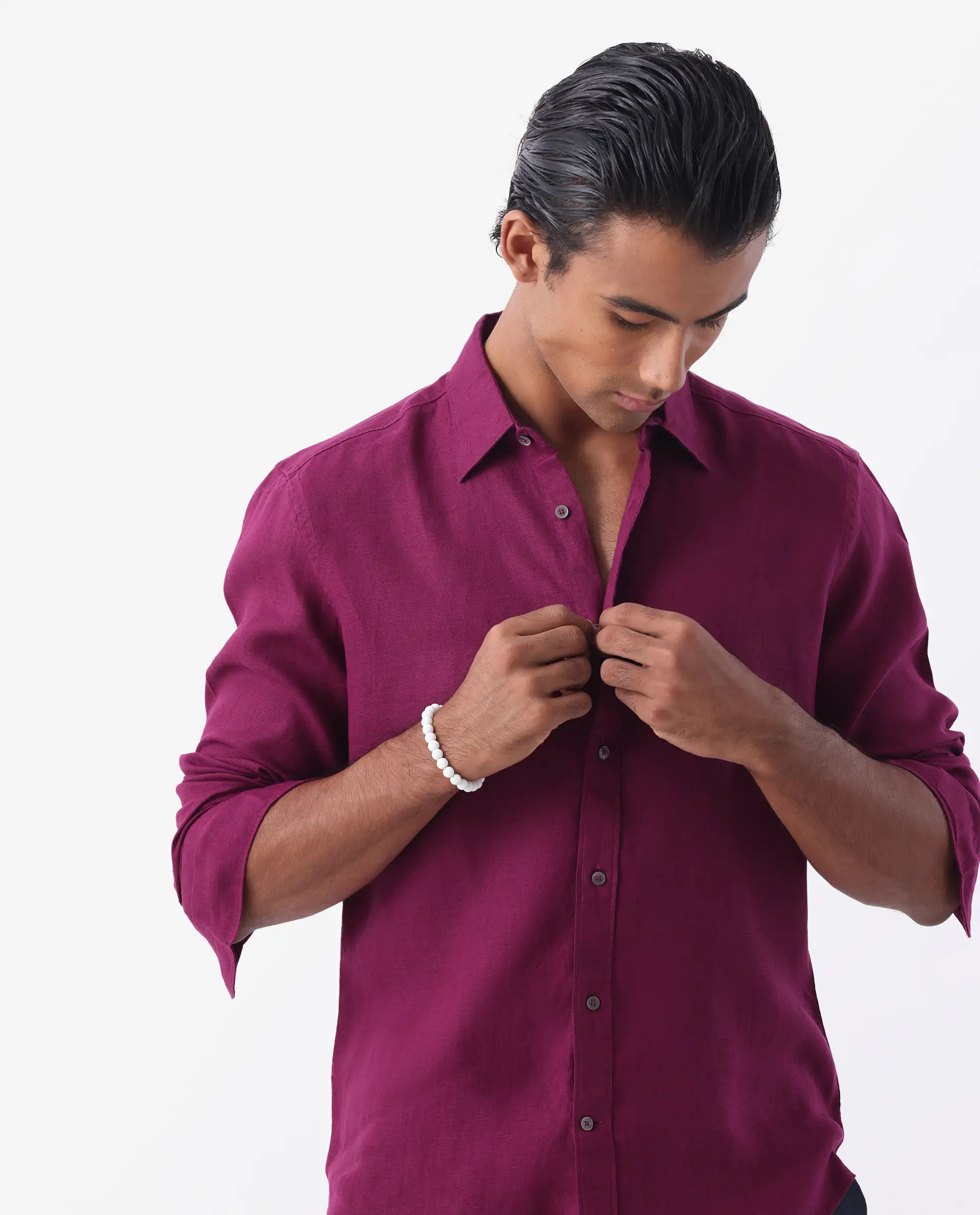 Rare Rabbit Men's Flax Purple 100% Linen Plain Regular Fit Full Sleeve Spread Collar Shirt - Image 8