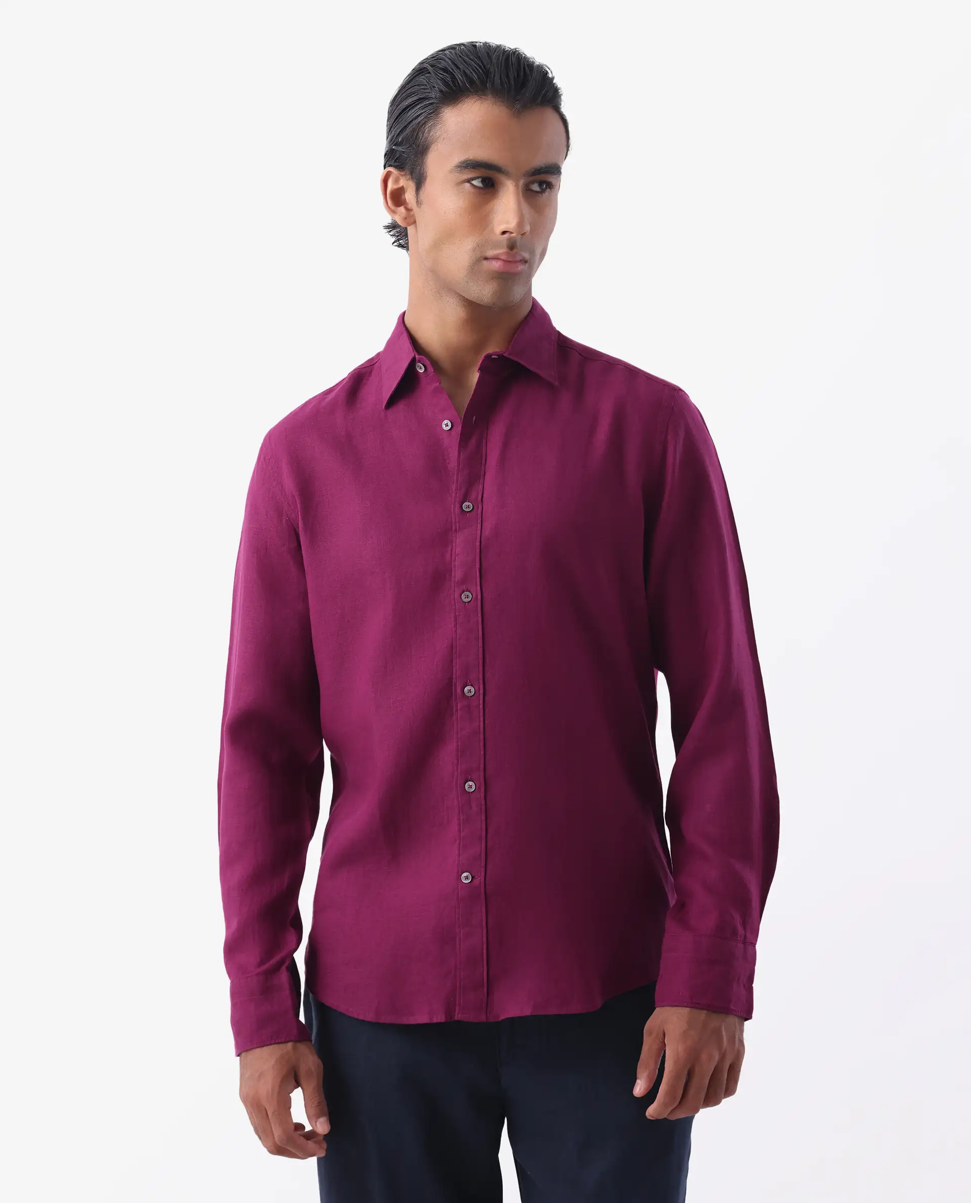 Rare Rabbit Men's Flax Purple 100% Linen Plain Regular Fit Full Sleeve Spread Collar Shirt - Image 9