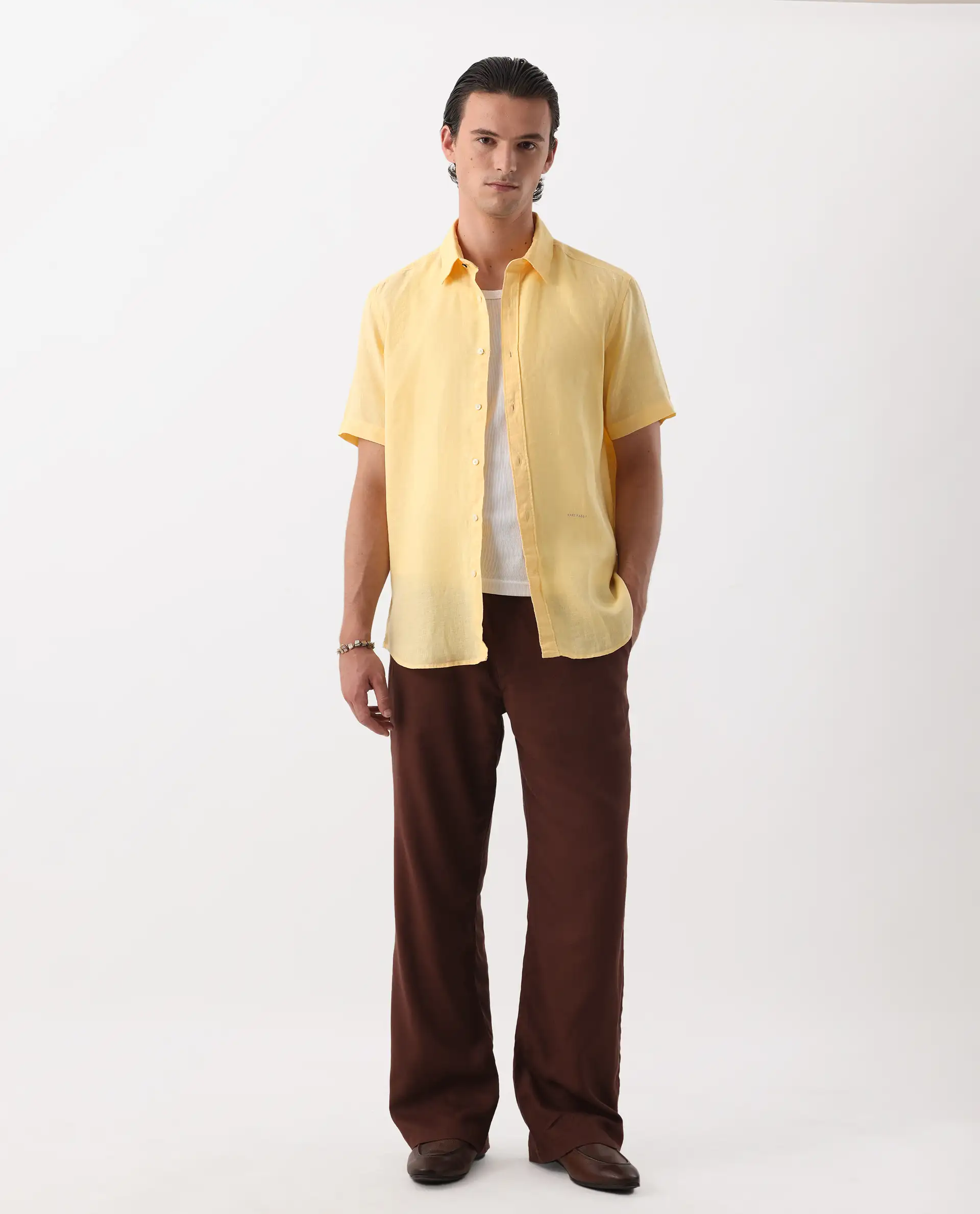 Rare Rabbit Men's Flax Ss Dark Yellow 100% Linen Plain Regular Fit Half Sleeve Collared Shirt - Image 2