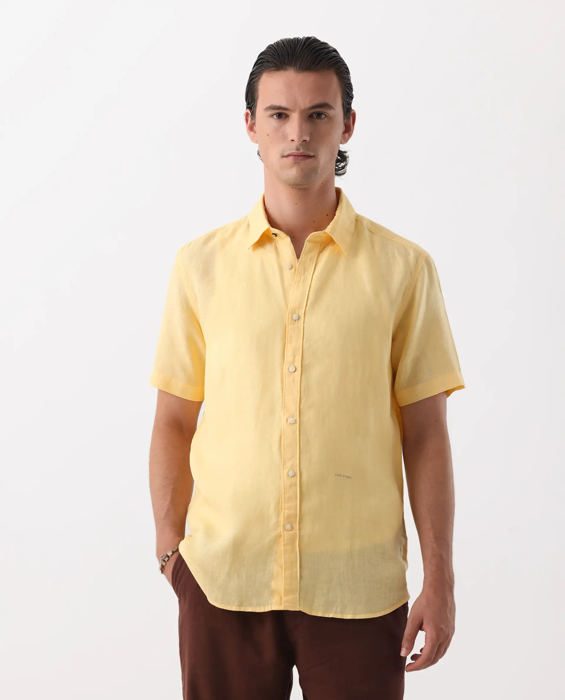 Rare Rabbit Men's Flax Ss Dark Yellow 100% Linen Plain Regular Fit Half Sleeve Collared Shirt - Image 3