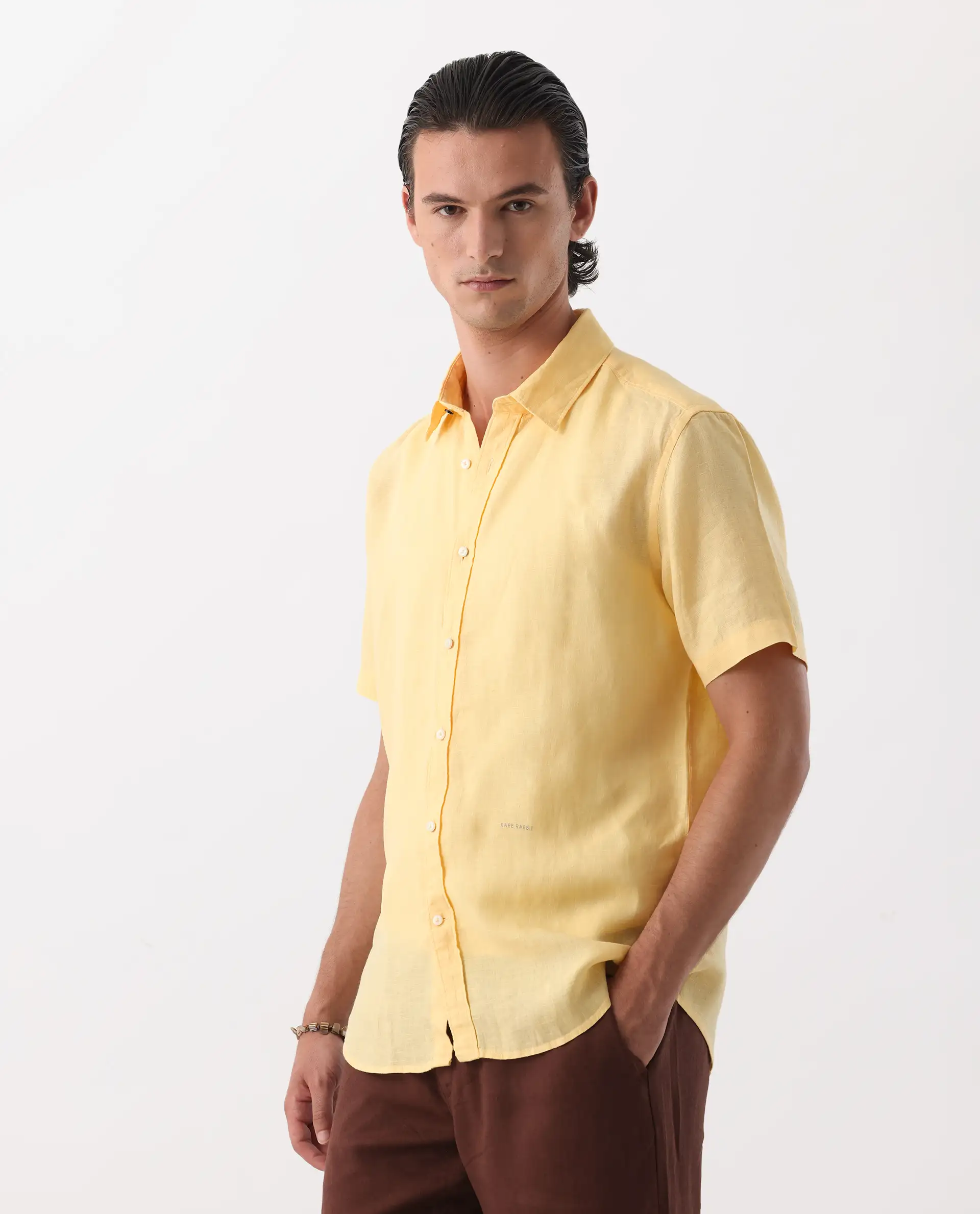 Rare Rabbit Men's Flax Ss Dark Yellow 100% Linen Plain Regular Fit Half Sleeve Collared Shirt - Image 5