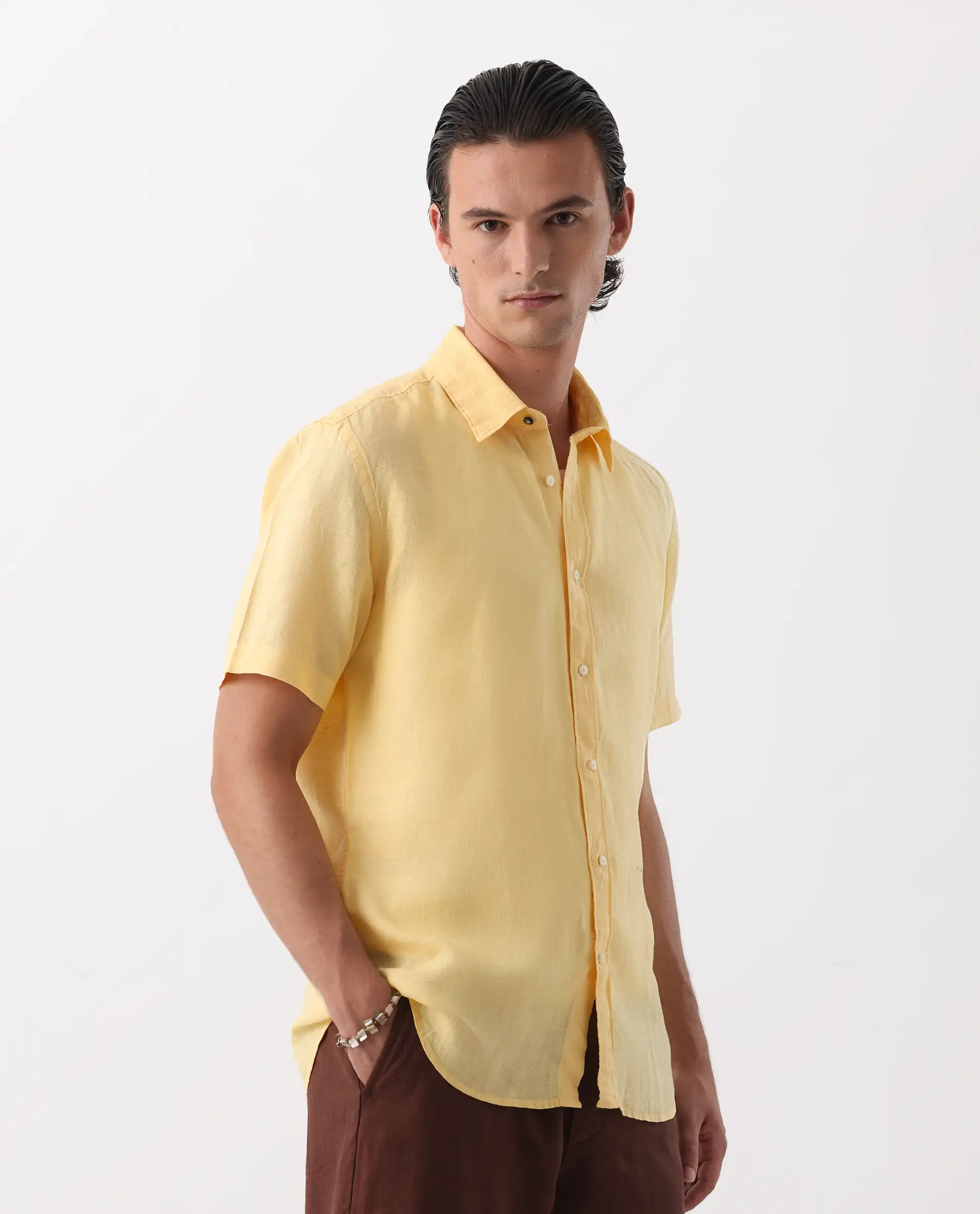 Rare Rabbit Men's Flax Ss Dark Yellow 100% Linen Plain Regular Fit Half Sleeve Collared Shirt - Image 6
