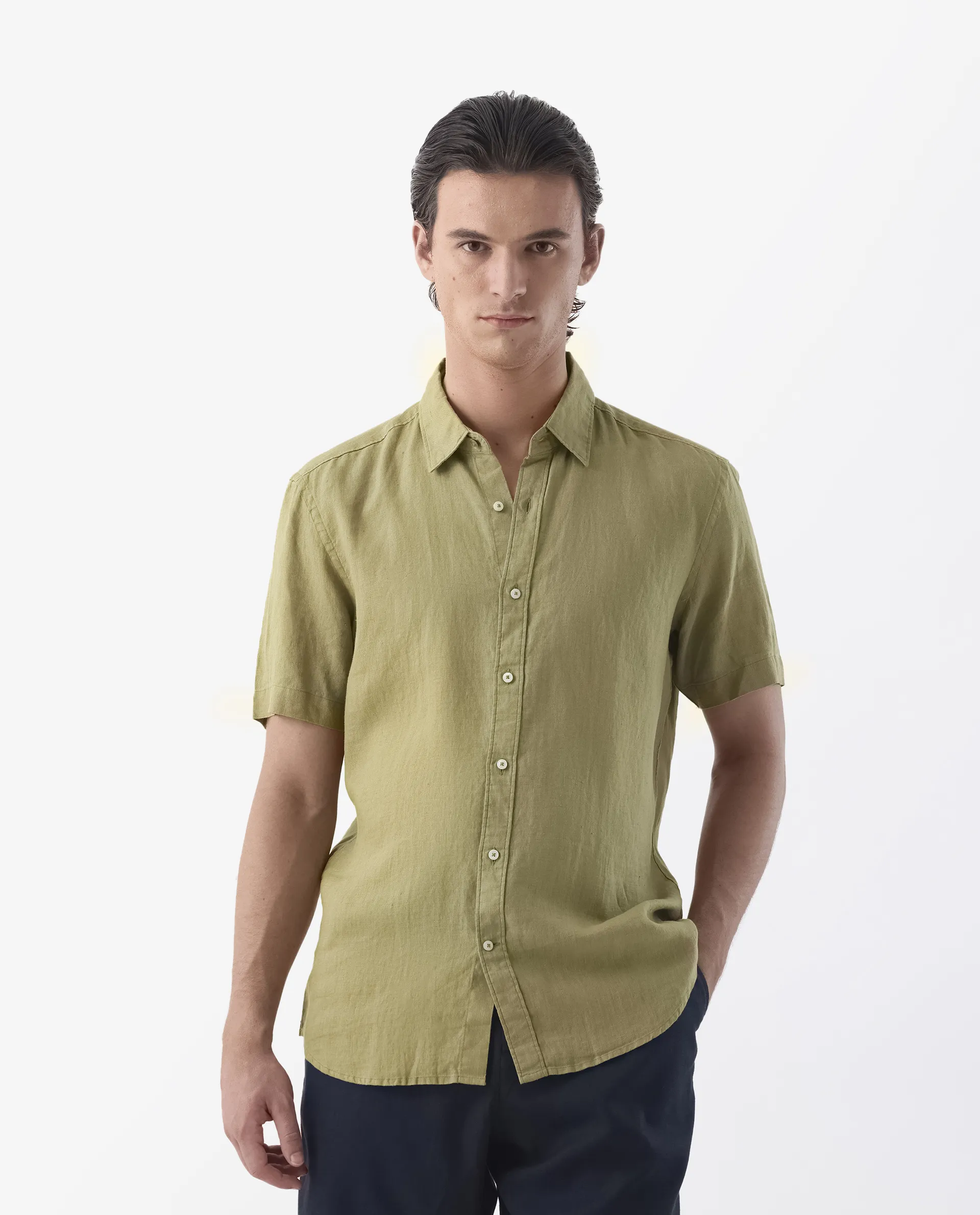 Rare Rabbit Men's Flax Ss Green 100% Linen Plain Regular Fit Half Sleeve Spread Collar Shirt - Image 2