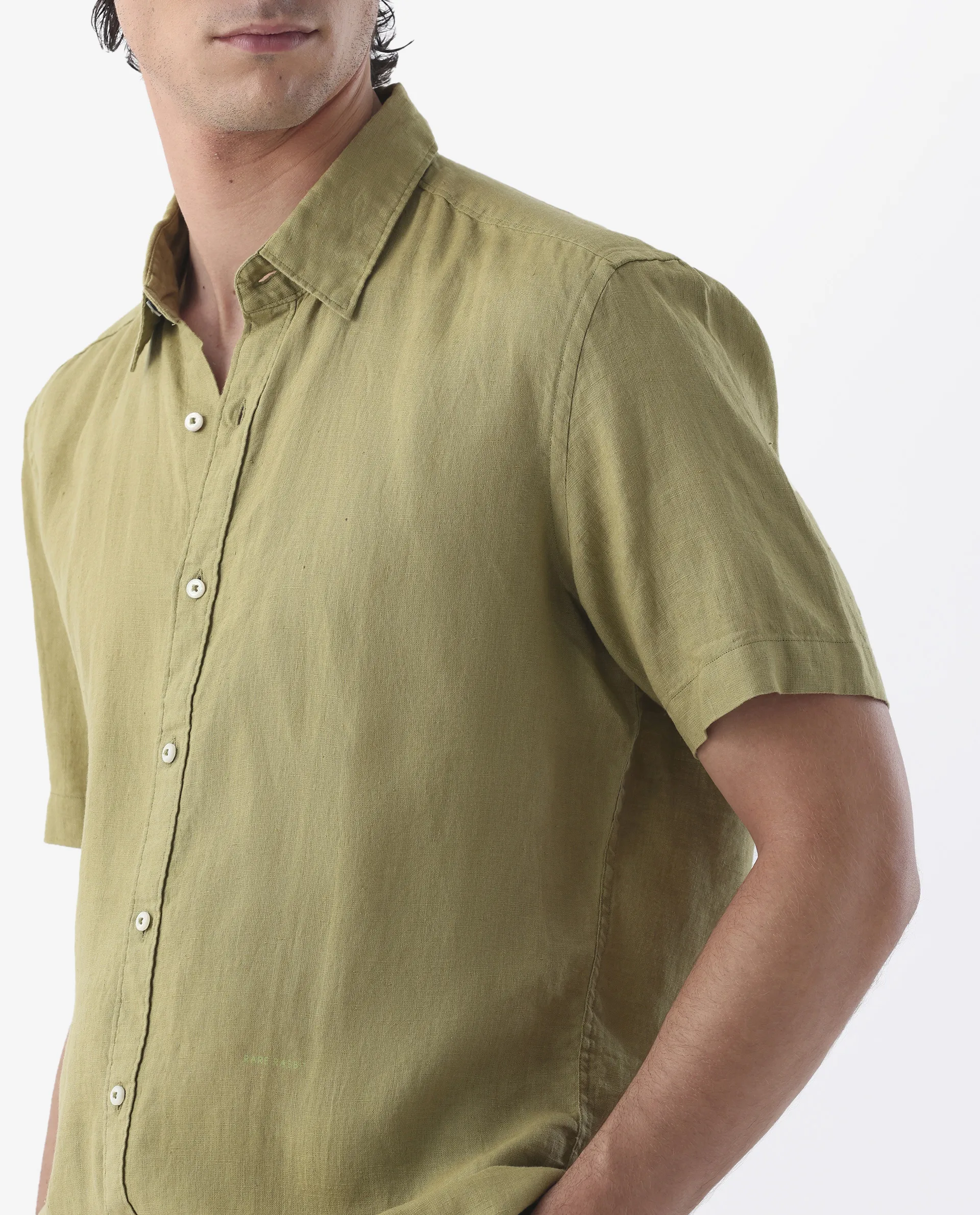 Rare Rabbit Men's Flax Ss Green 100% Linen Plain Regular Fit Half Sleeve Spread Collar Shirt - Image 3