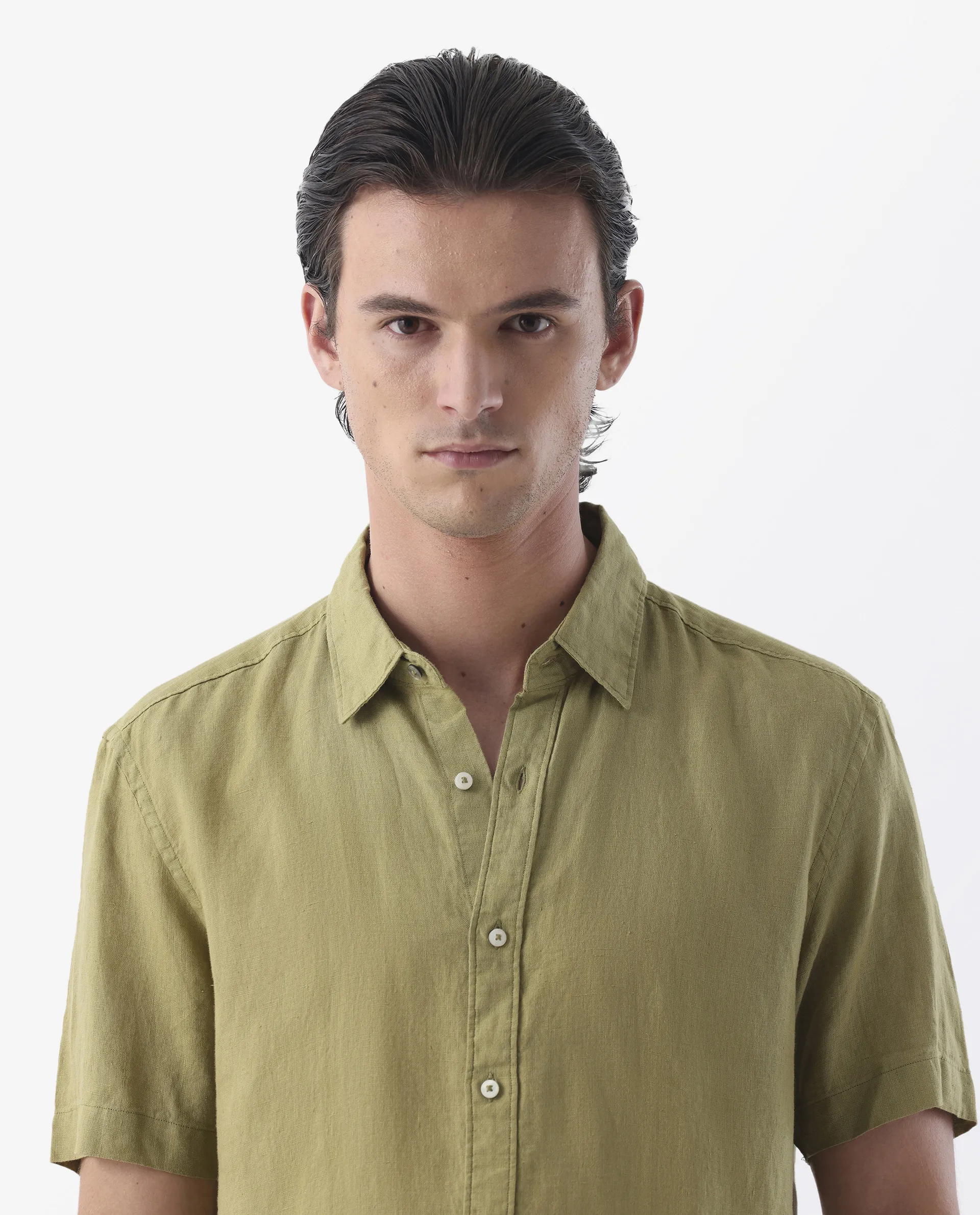Rare Rabbit Men's Flax Ss Green 100% Linen Plain Regular Fit Half Sleeve Spread Collar Shirt - Image 4