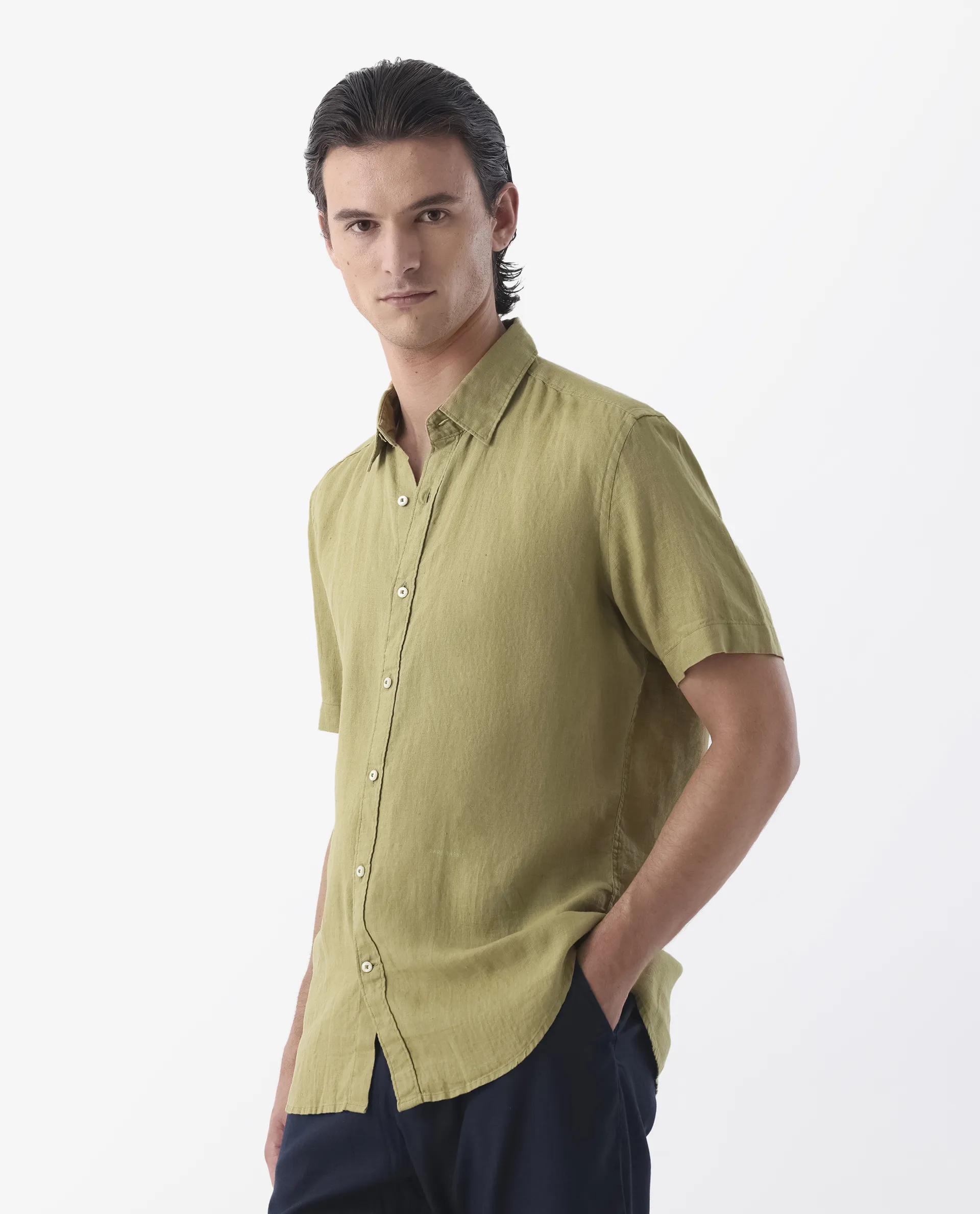 Rare Rabbit Men's Flax Ss Green 100% Linen Plain Regular Fit Half Sleeve Spread Collar Shirt - Image 5