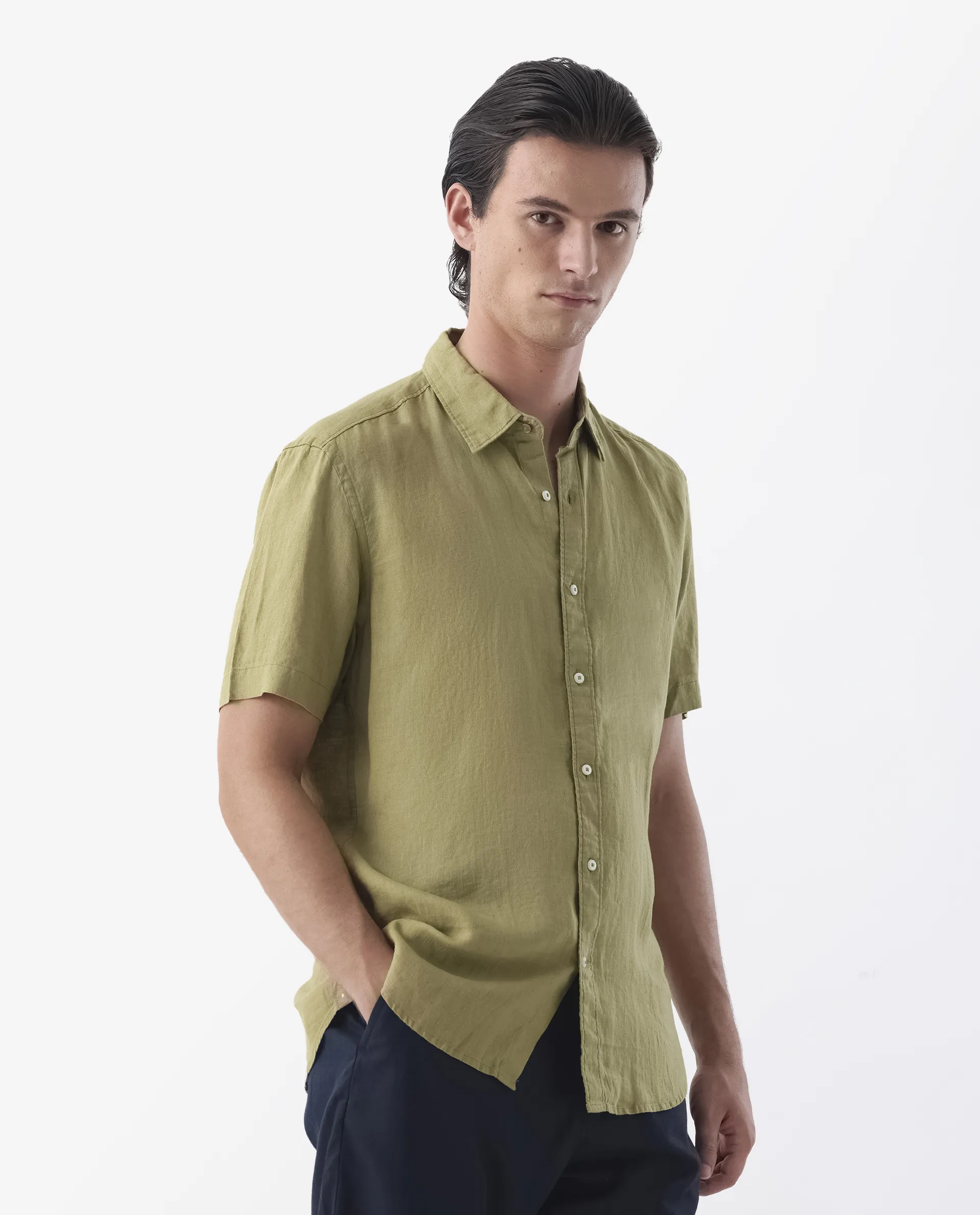 Rare Rabbit Men's Flax Ss Green 100% Linen Plain Regular Fit Half Sleeve Spread Collar Shirt - Image 6